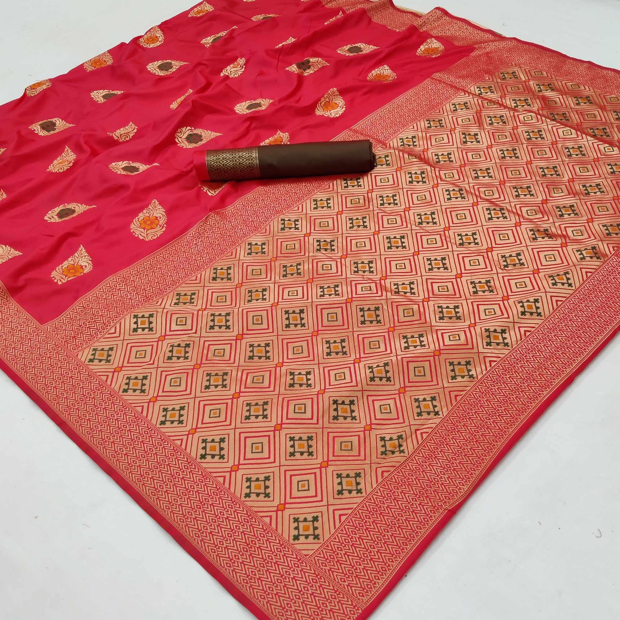 Rani Pink Festive Wear Floral Woven Soft Silk Banarasi Saree - Peachmode