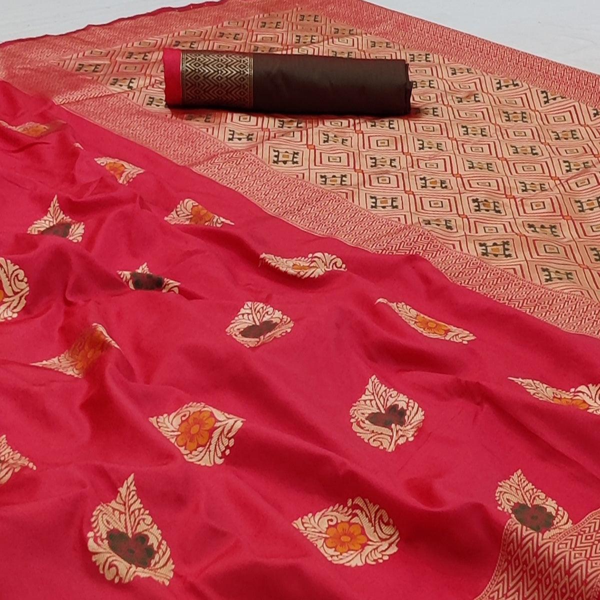 Rani Pink Festive Wear Floral Woven Soft Silk Banarasi Saree - Peachmode