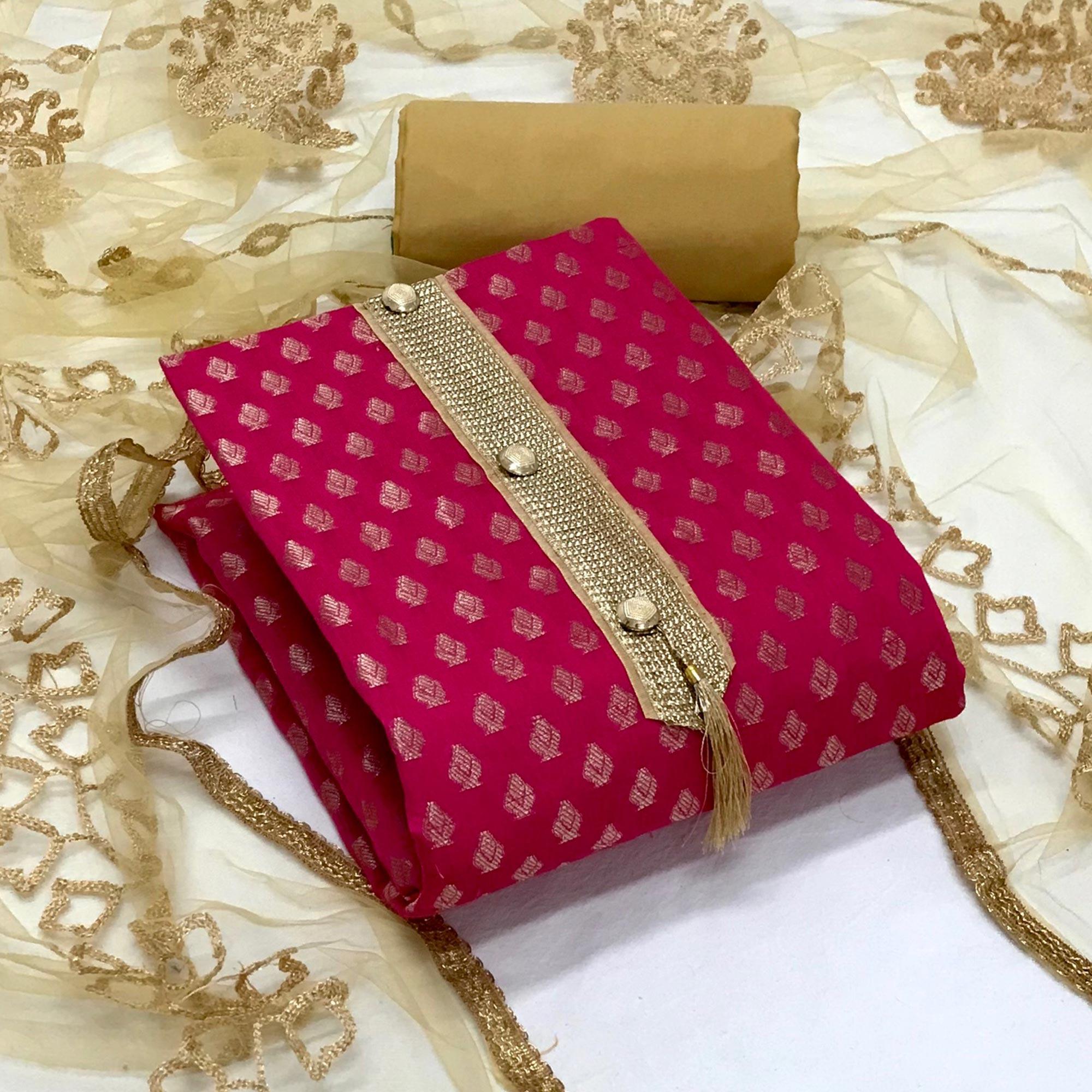 Rani Pink Festive Wear Woven Banarasi Silk Dress Material - Peachmode