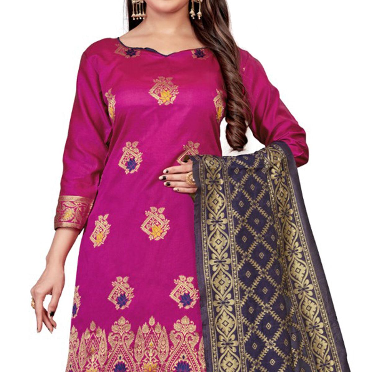 Rani Pink Festive Wear Woven Banarasi Silk Dress Material - Peachmode
