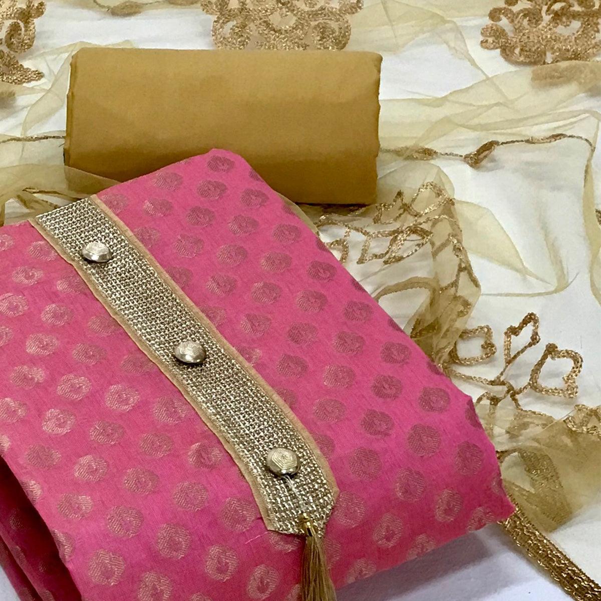 Rani Pink Festive Wear Woven Banarasi Silk Dress Material - Peachmode