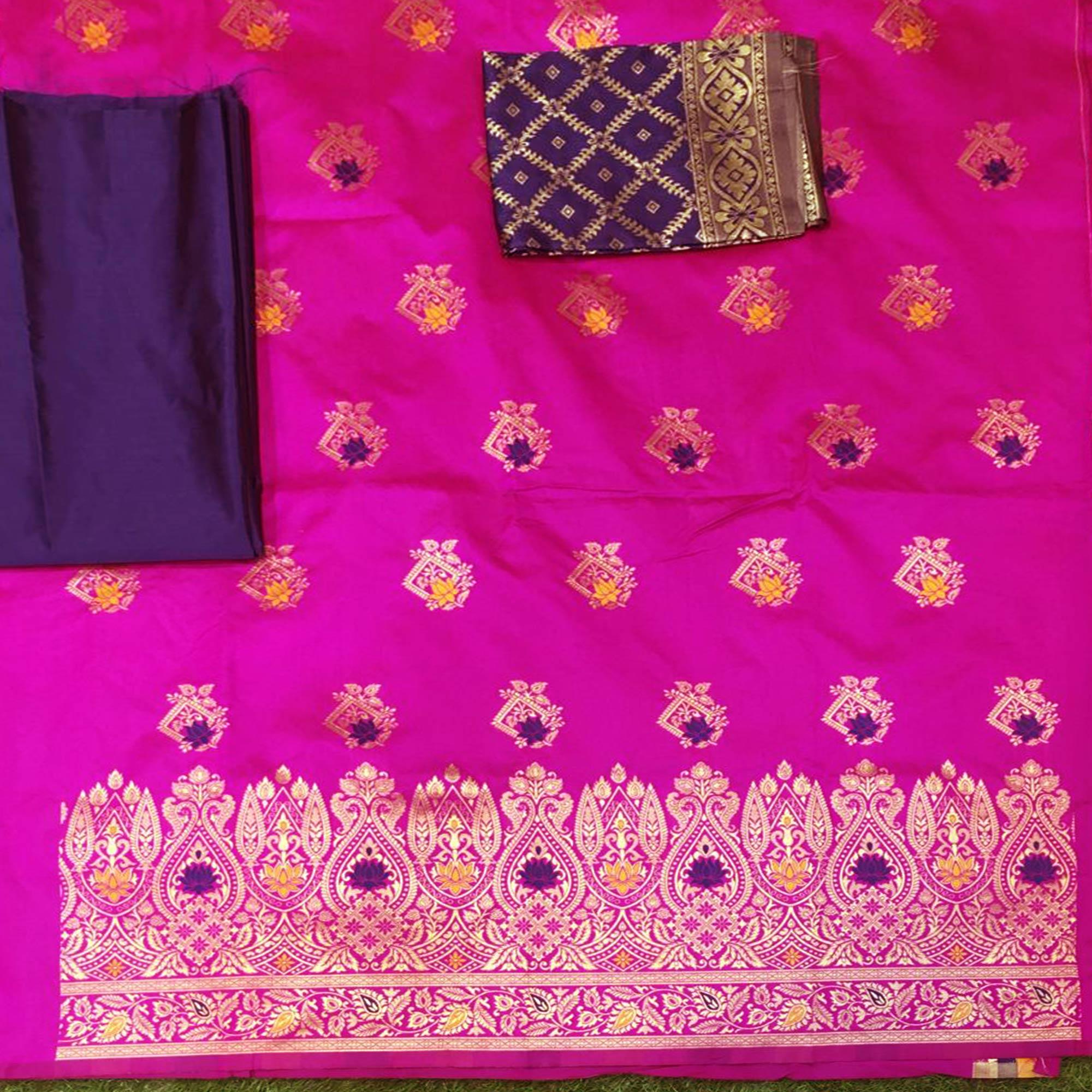 Rani Pink Festive Wear Woven Banarasi Silk Dress Material - Peachmode