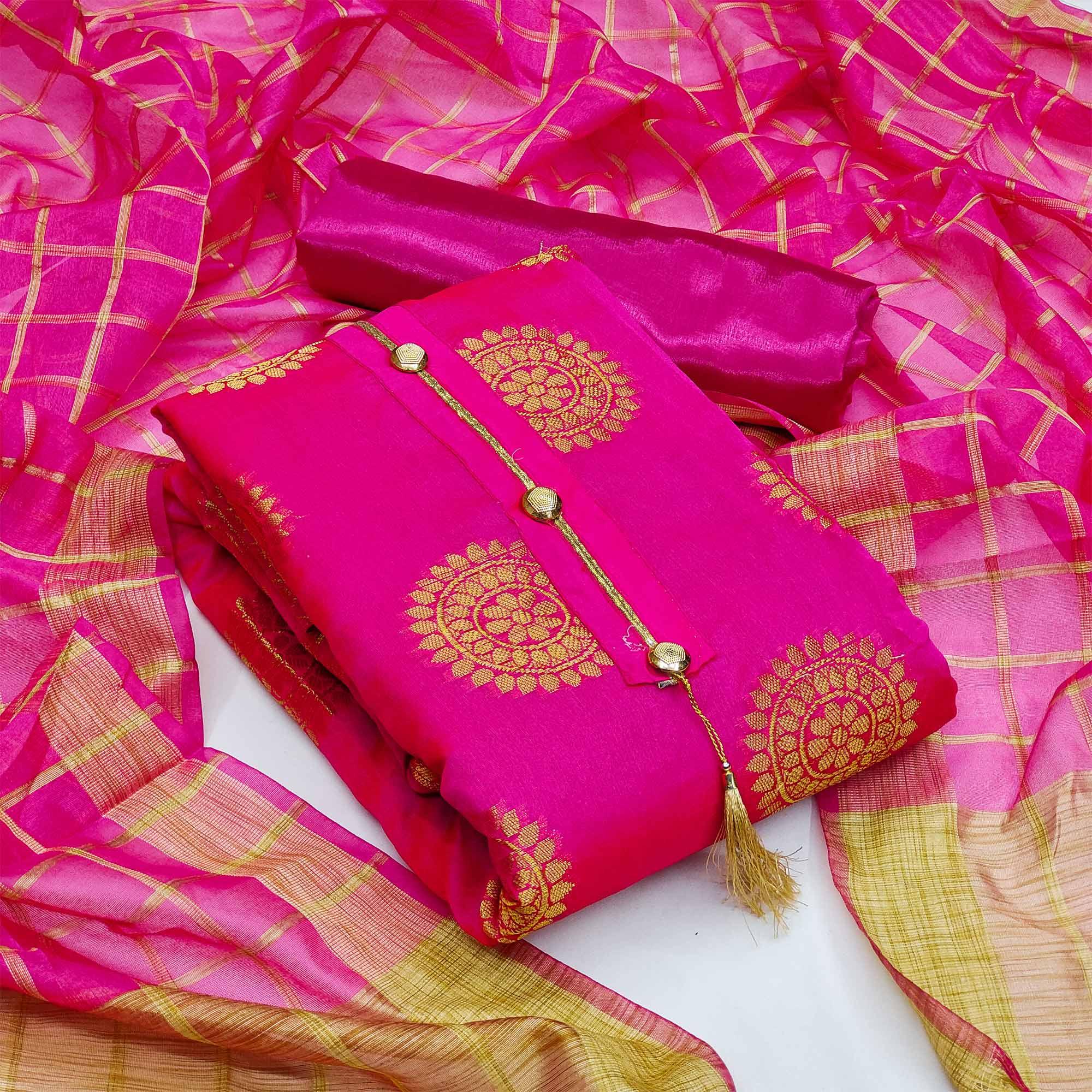 Rani Pink Festive Wear Woven Designer Banarasi Silk Jacquard Dress Material - Peachmode
