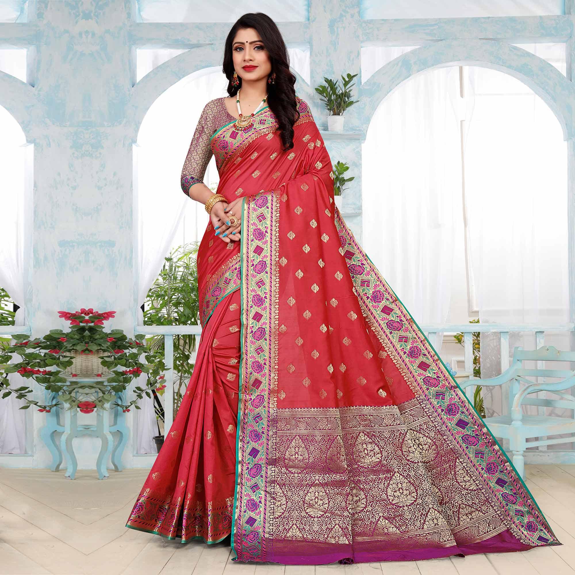 Rani Pink Festive Wear Woven Silk Saree - Peachmode