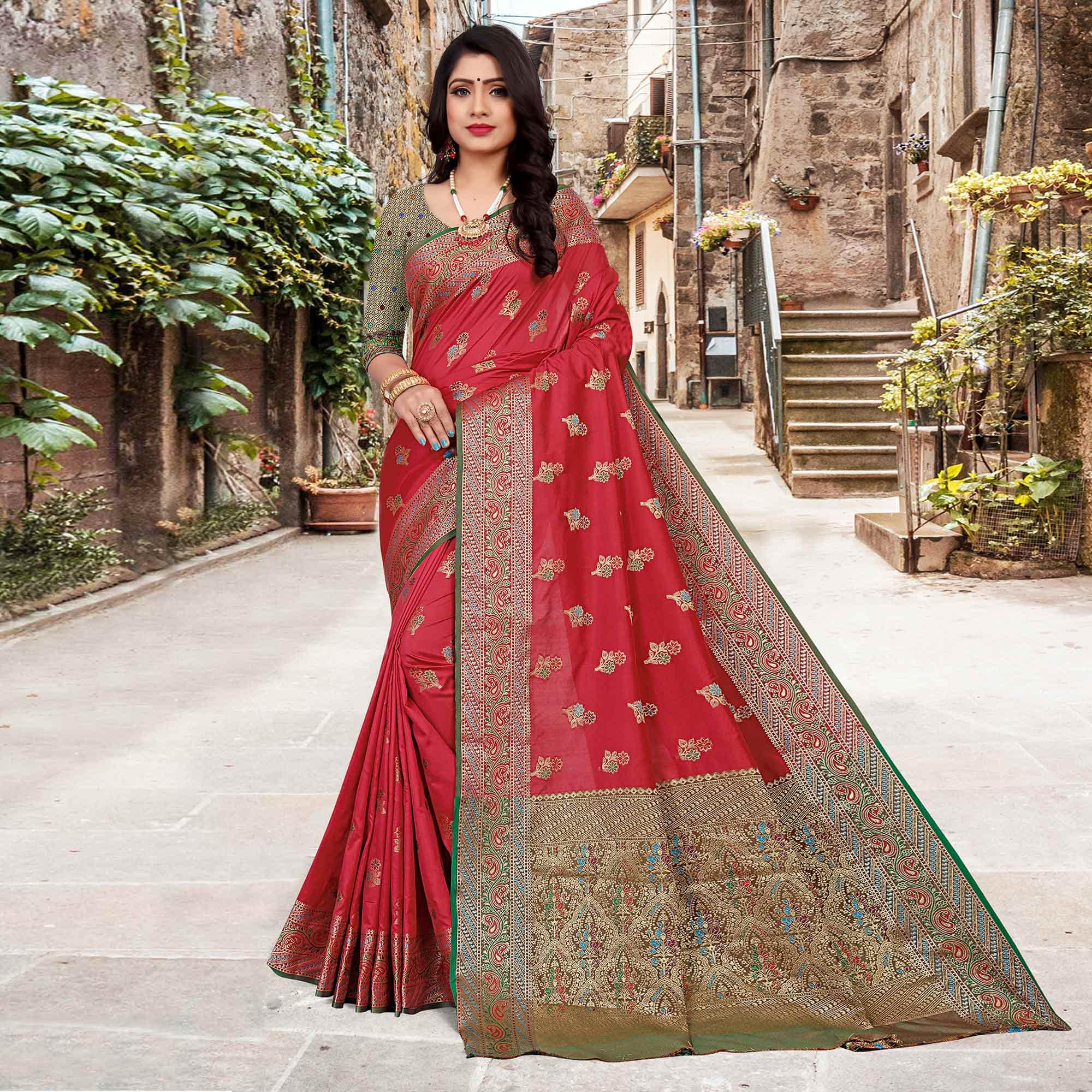 Rani Pink Festive Wear Woven Silk Saree - Peachmode