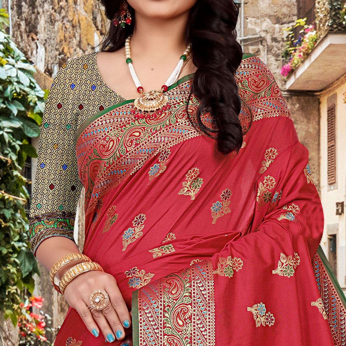 Rani Pink Festive Wear Woven Silk Saree - Peachmode