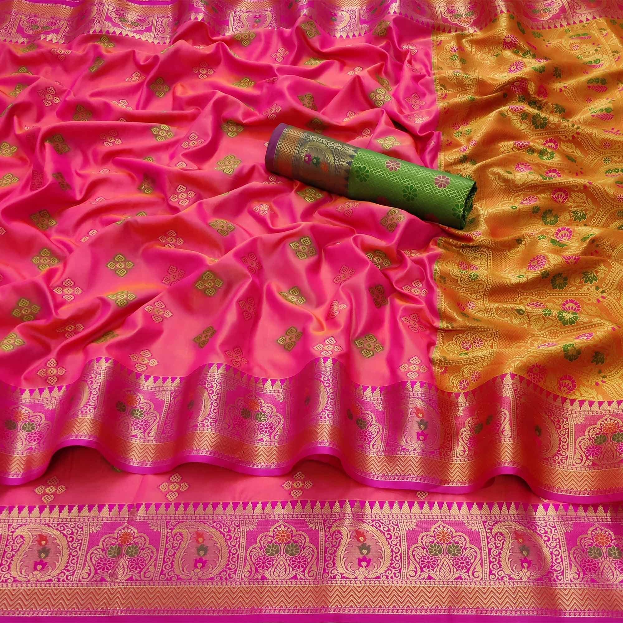 Rani Pink Festive Wear Woven Soft Banarasi Silk Saree - Peachmode