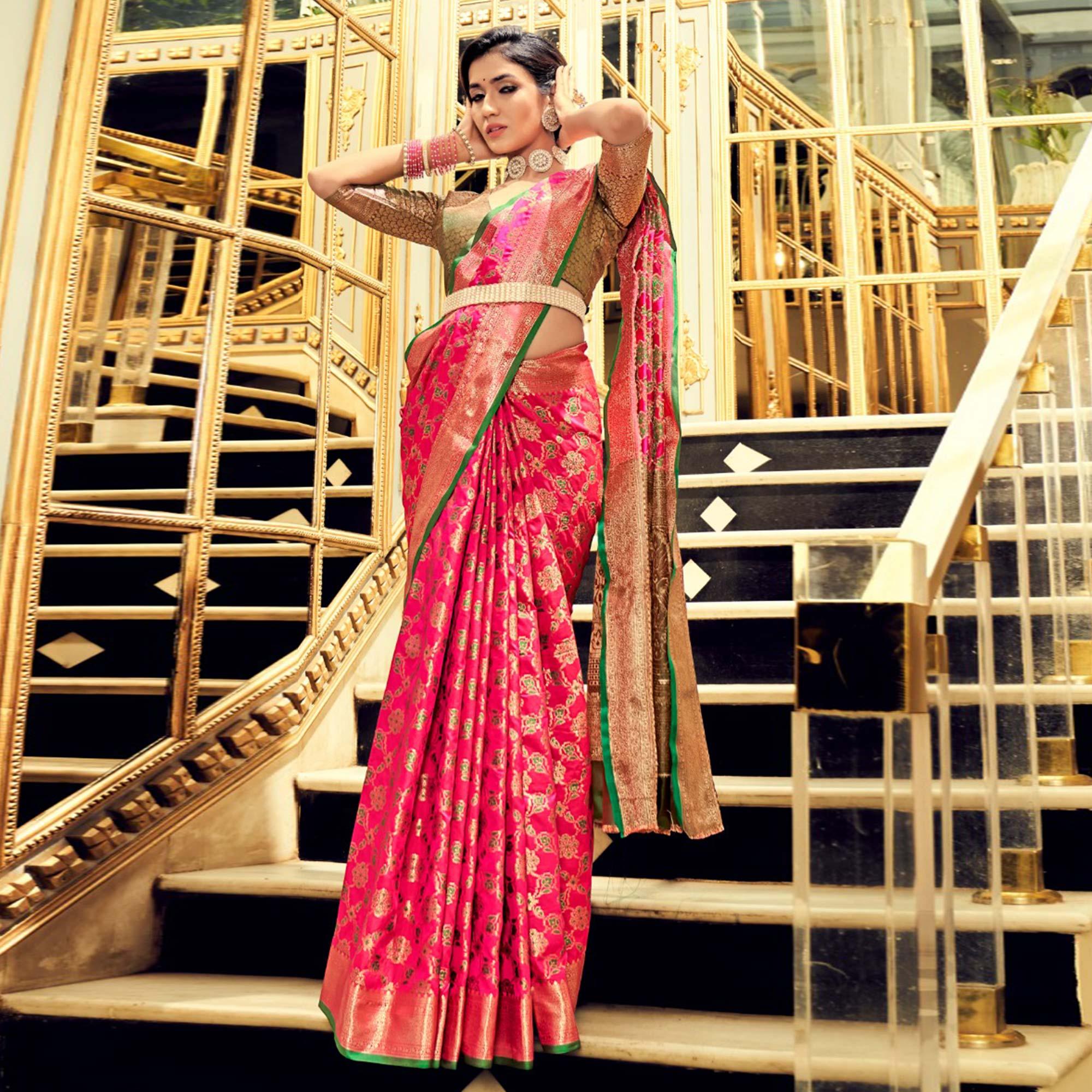 Rani Pink Festive Wear Woven Zari Potola Silk Saree - Peachmode