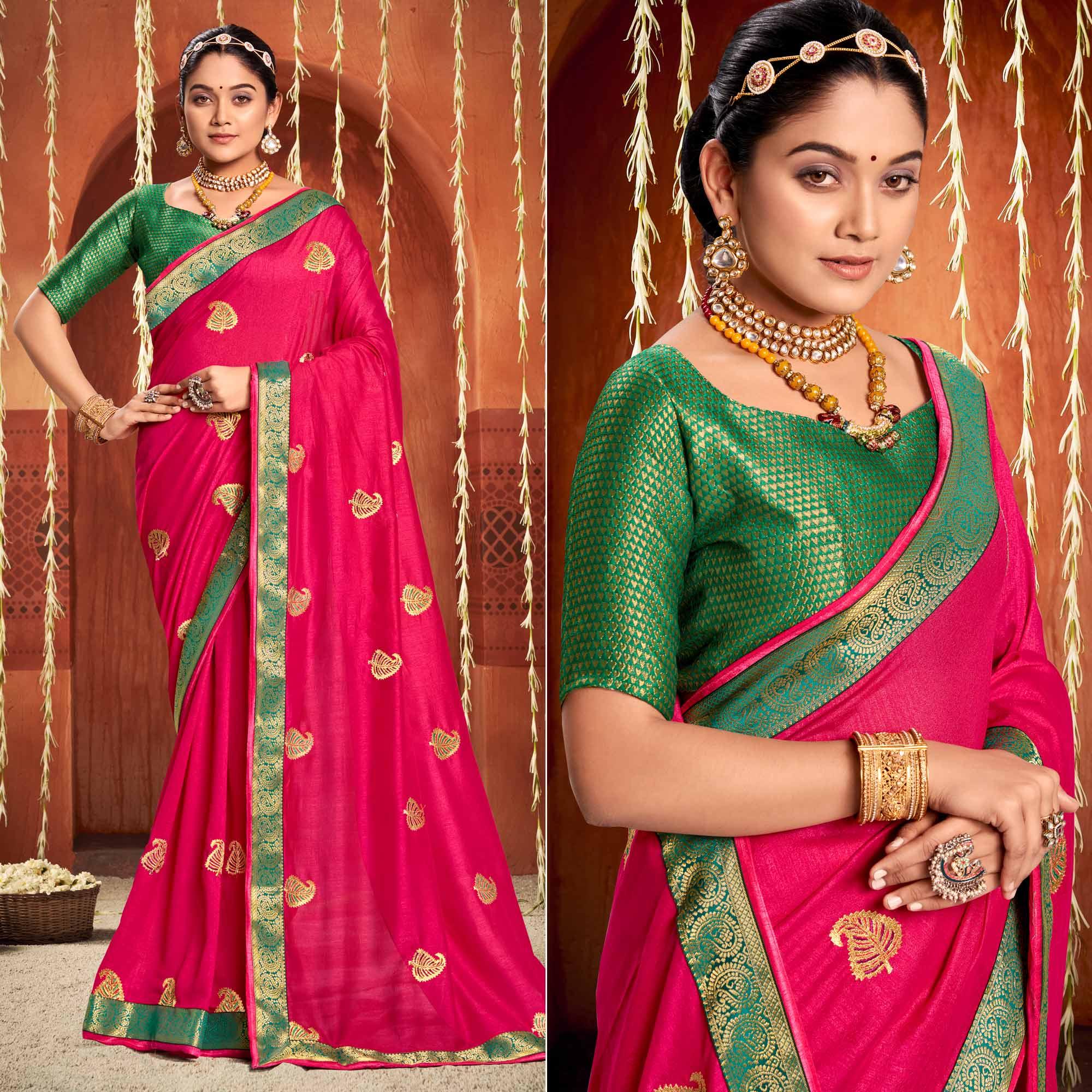 Rani Pink Floral Embroidered Vichitra Silk Saree - Peachmode