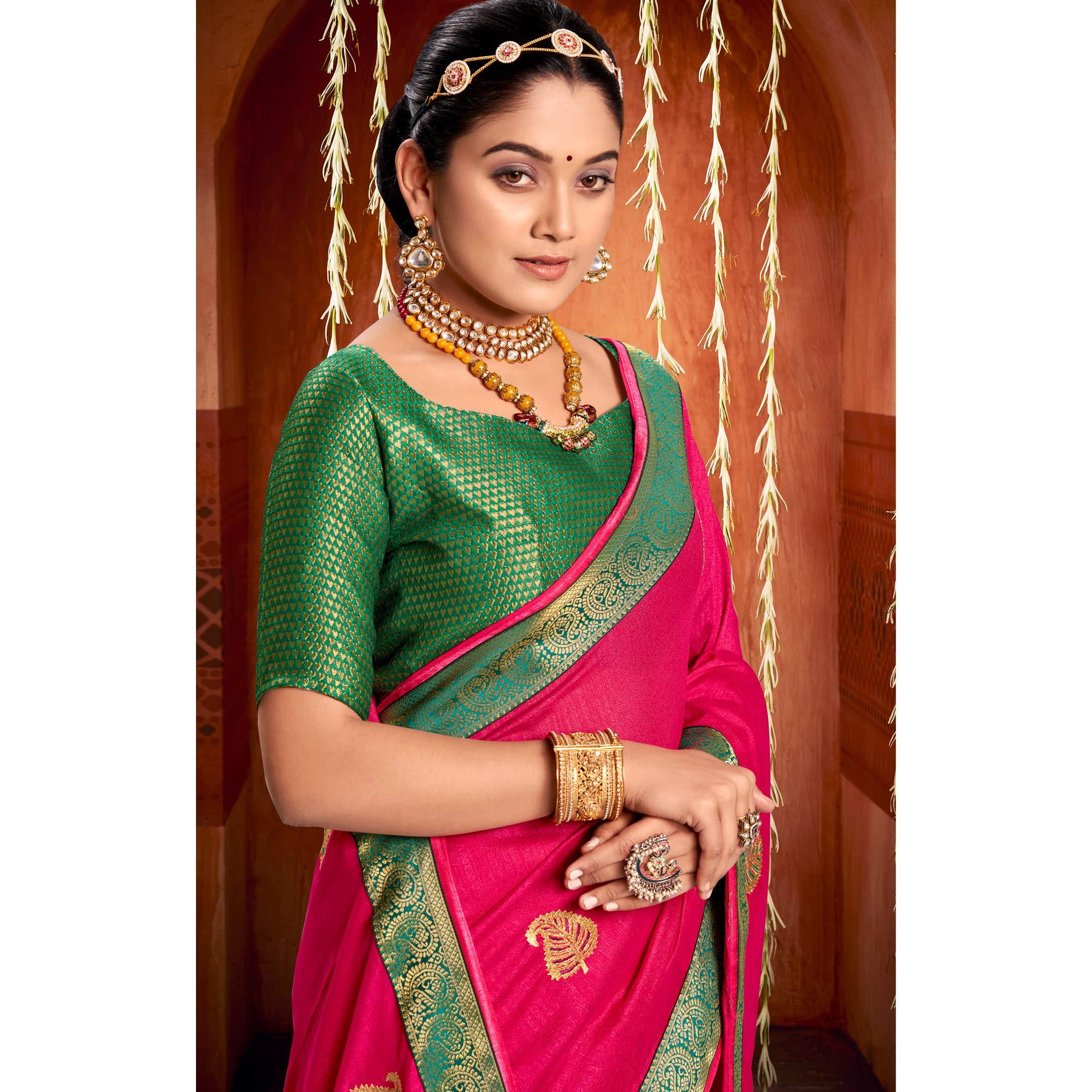Rani Pink Floral Embroidered Vichitra Silk Saree - Peachmode