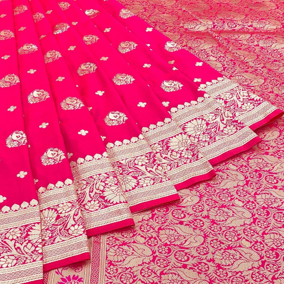 Rani Pink Floral Zari Woven Art Silk Saree - Peachmode