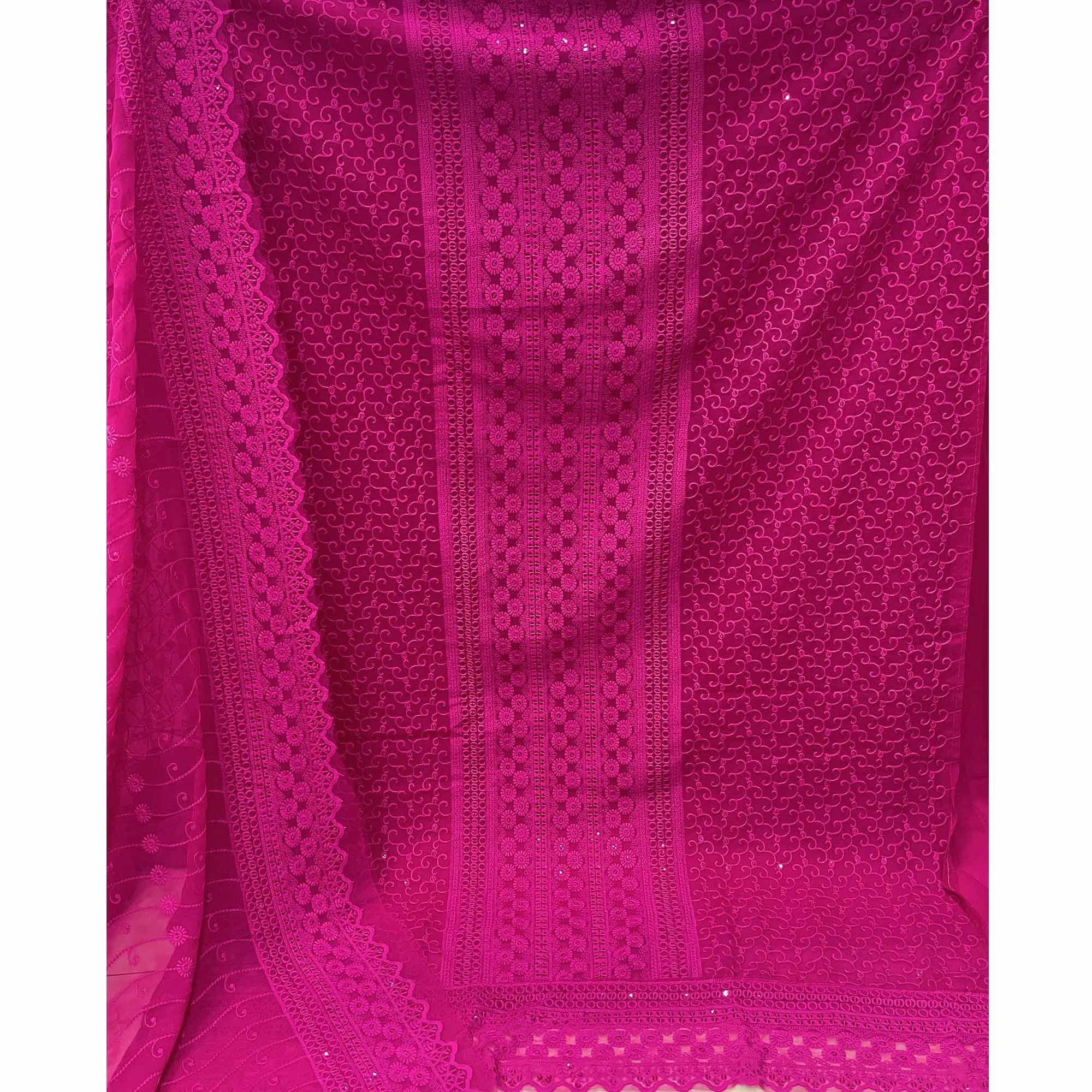 Rani Pink Lucknowi Embroidered Georgette Dress Material - Peachmode