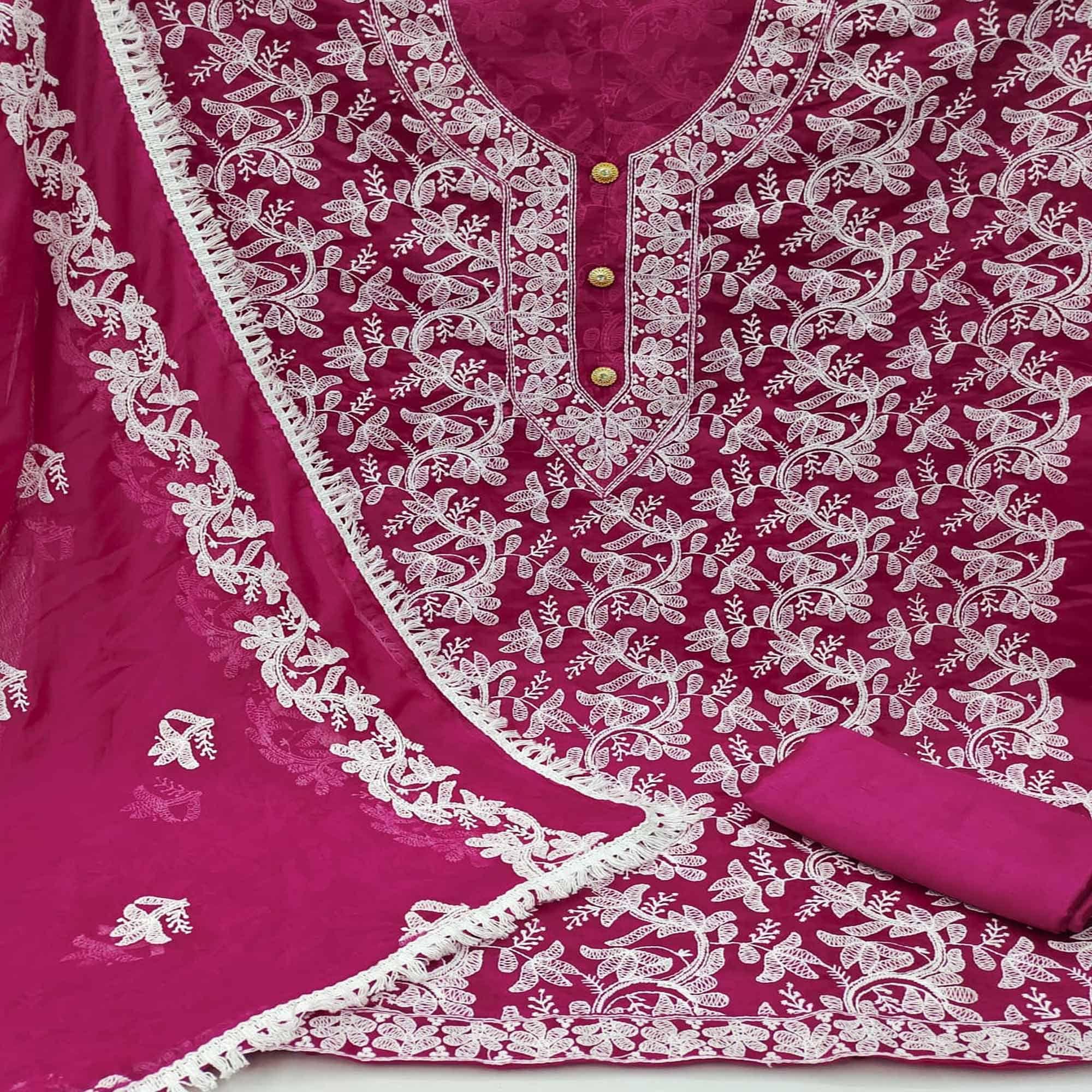 Rani Pink Lucknowi Embroidered Modal Dress Material - Peachmode