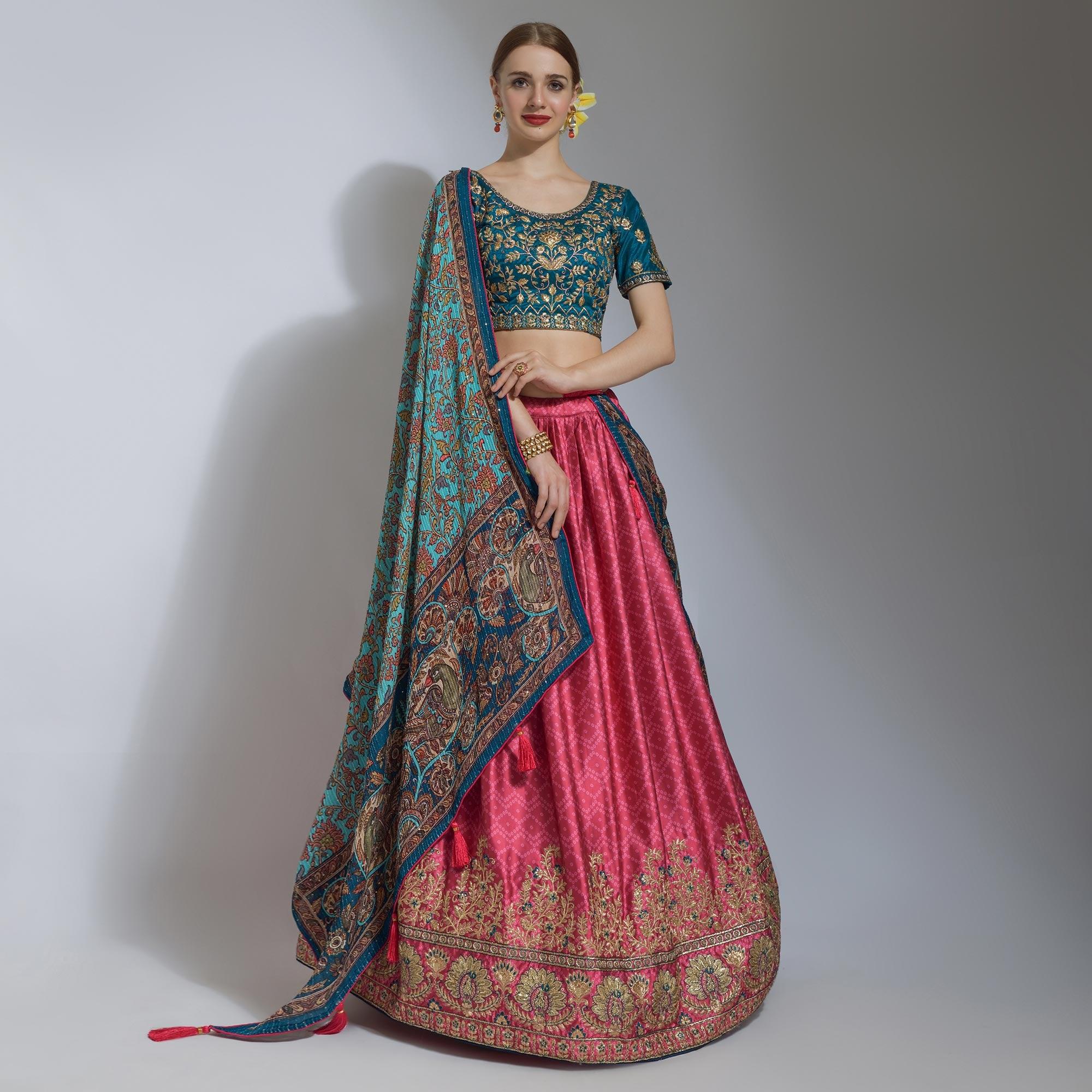 Rani Pink Party Wear Embroidered Satin Lehenga Choli - Peachmode