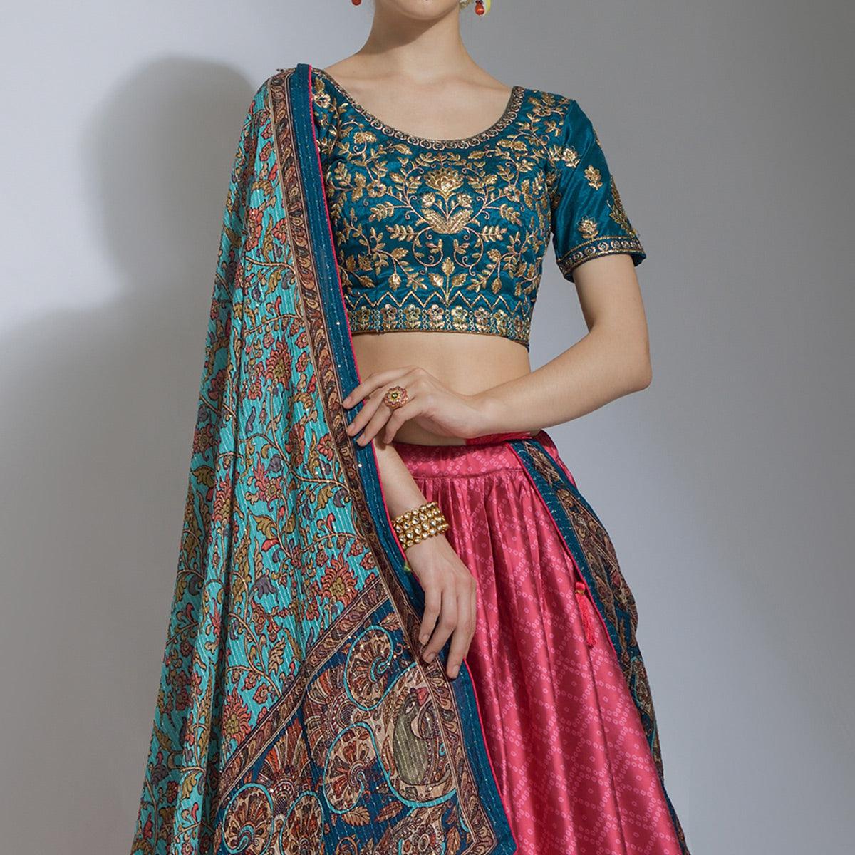 Rani Pink Party Wear Embroidered Satin Lehenga Choli - Peachmode
