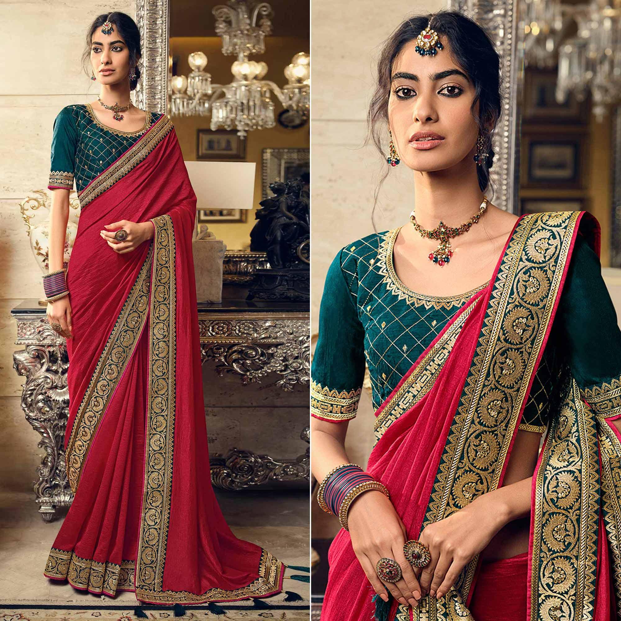Rani Pink Partywear Embroidered Silk Saree - Peachmode