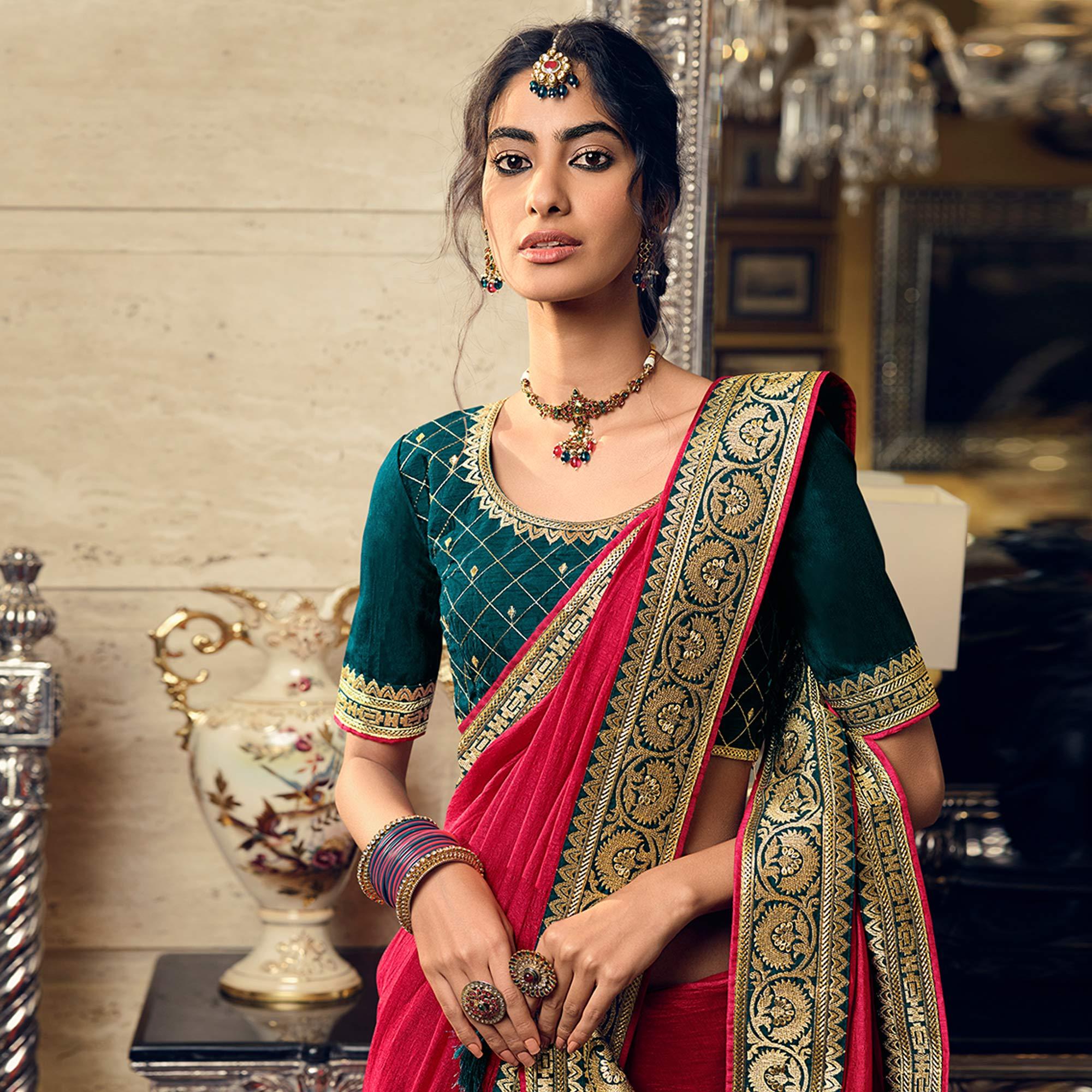 Rani Pink Partywear Embroidered Silk Saree - Peachmode