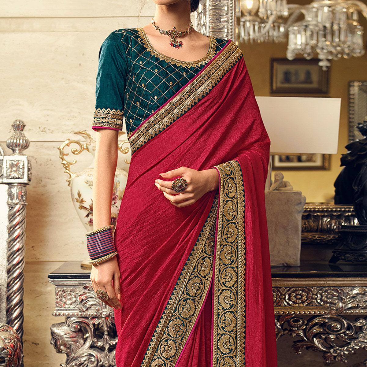 Rani Pink Partywear Embroidered Silk Saree - Peachmode