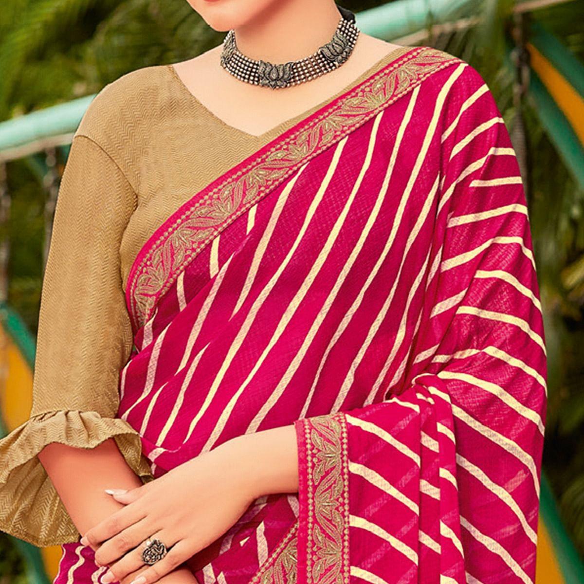 Rani Pink Partywear Stripes Printed Chiffon Saree With Border - Peachmode