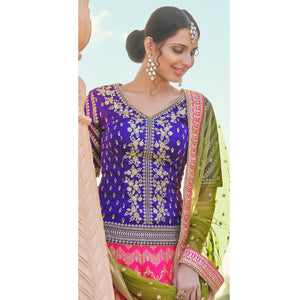 Rani Pink Partywear Woven With Embroidered Lace Brocade Silk Lehenga Choli - Peachmode