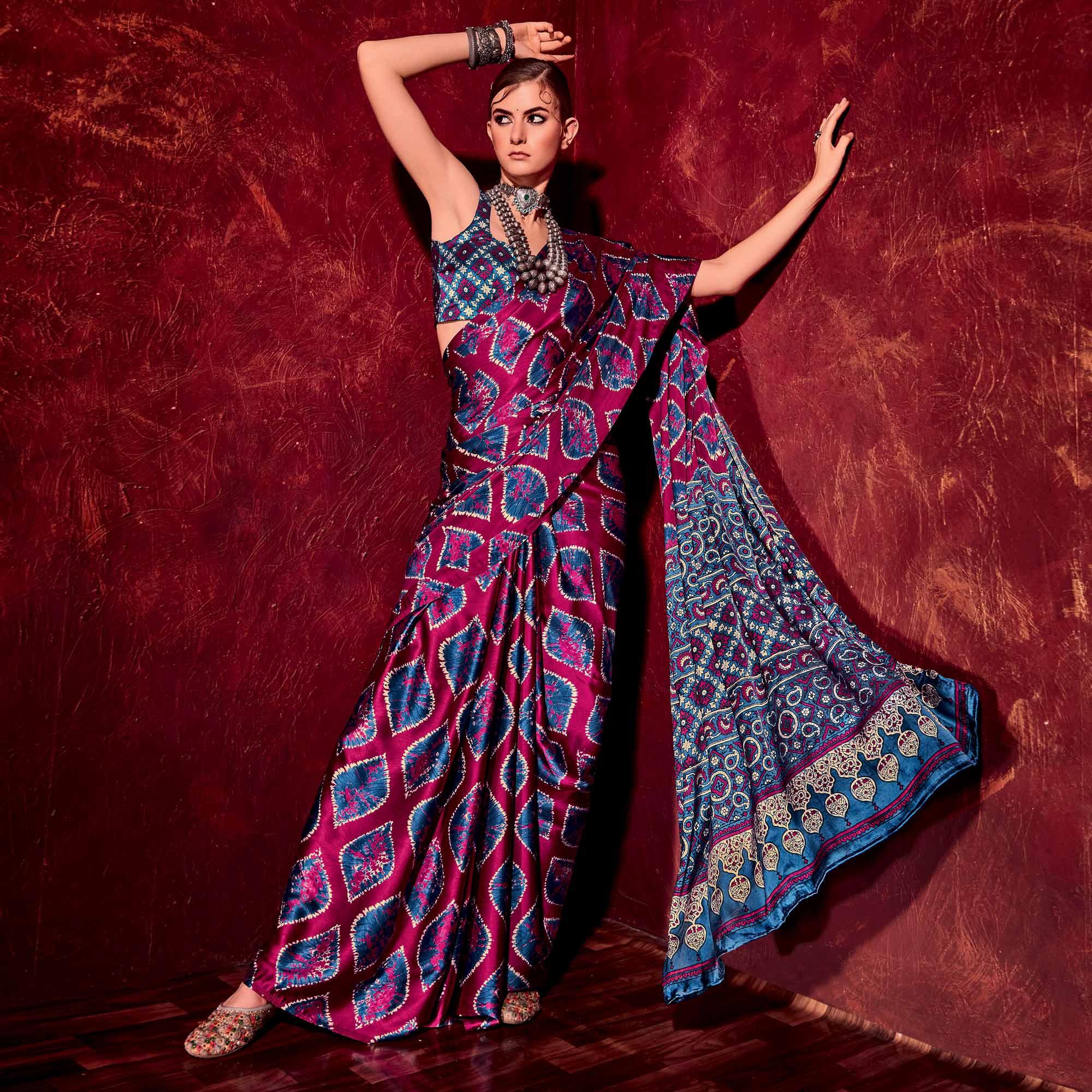 Rani Pink Printed Satin Saree - Peachmode