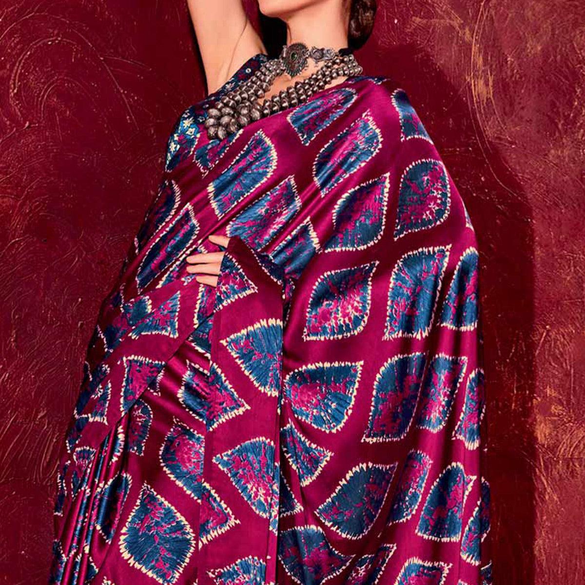Rani Pink Printed Satin Saree - Peachmode