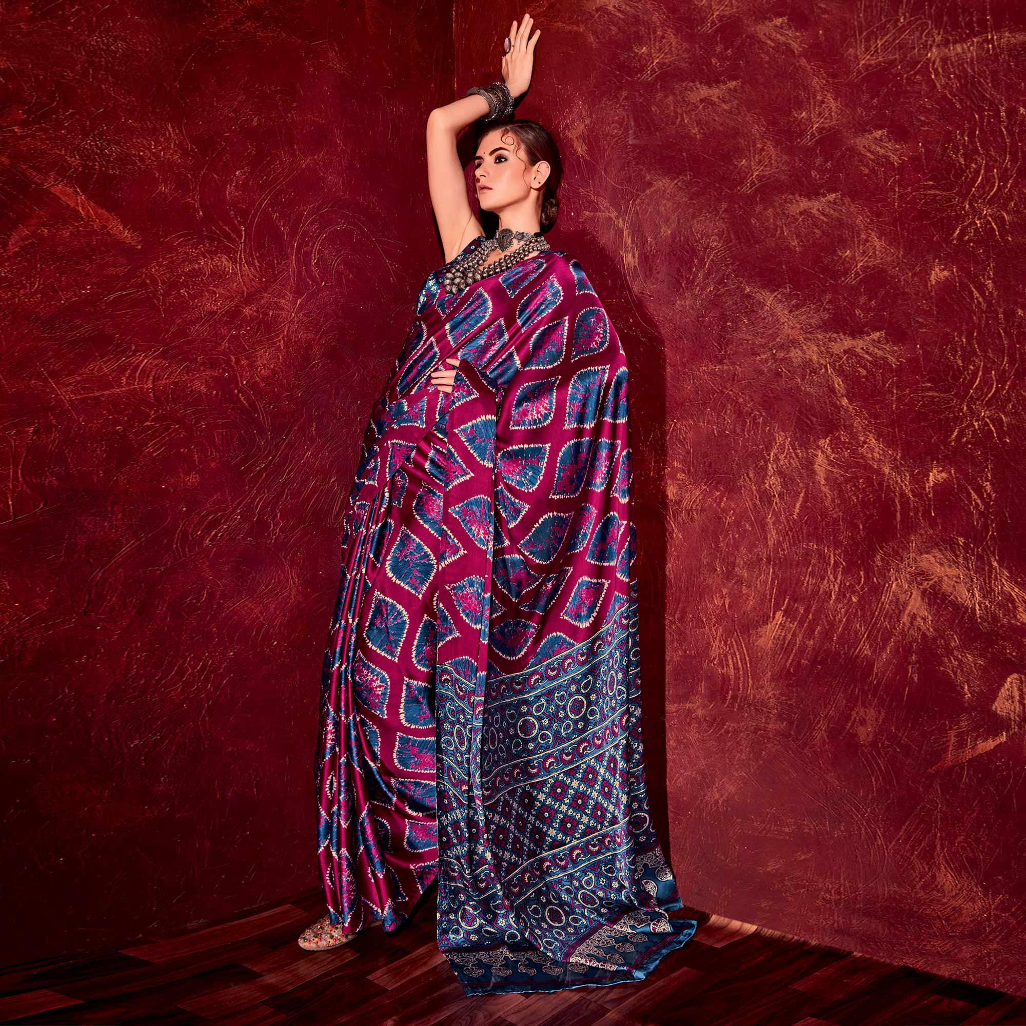 Rani Pink Printed Satin Saree - Peachmode