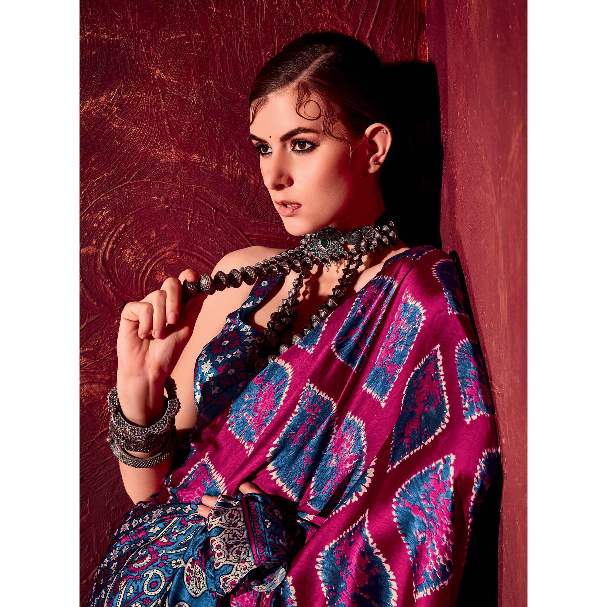 Rani Pink Printed Satin Saree - Peachmode