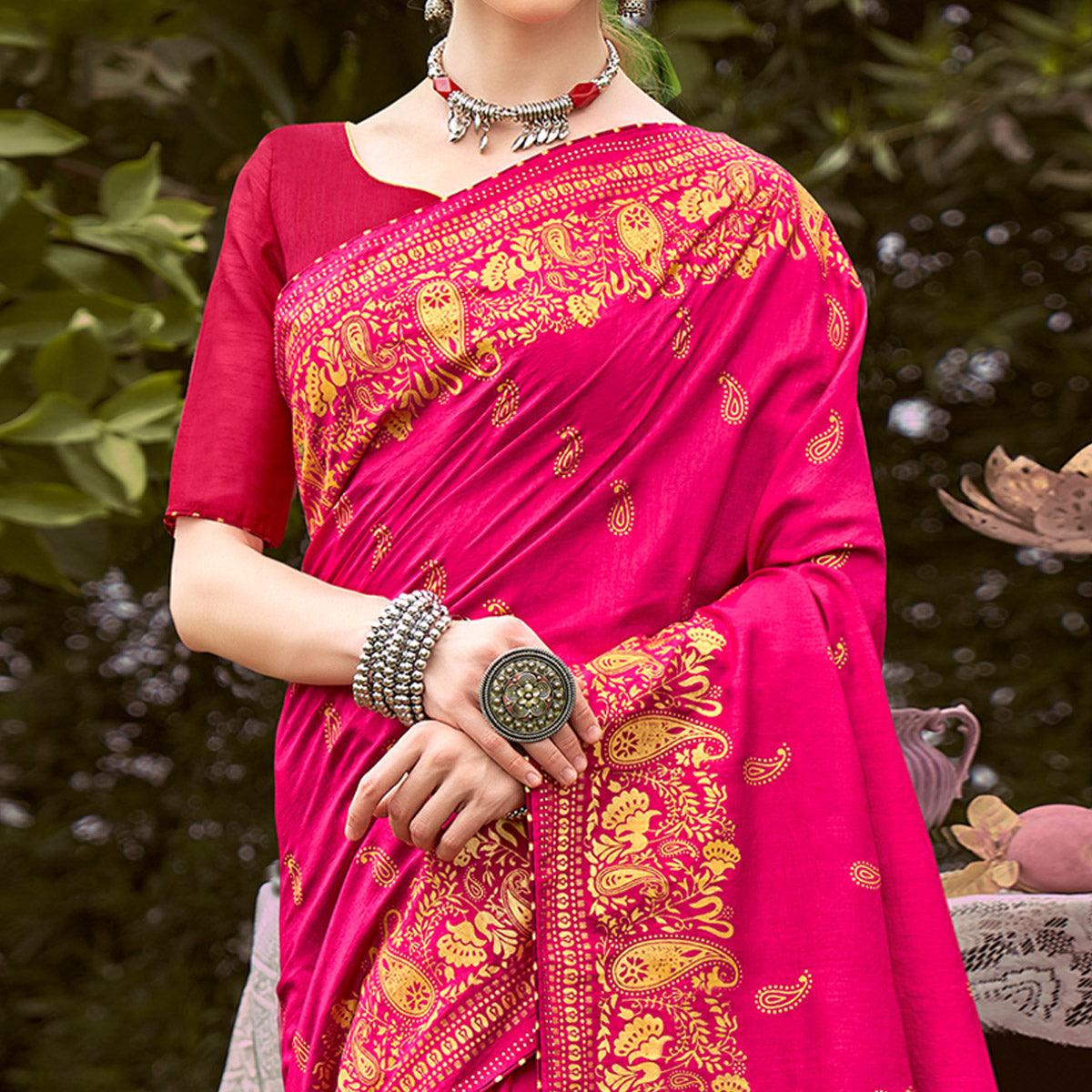 Rani Pink Printed Vichitra Silk Saree With Tassels - Peachmode