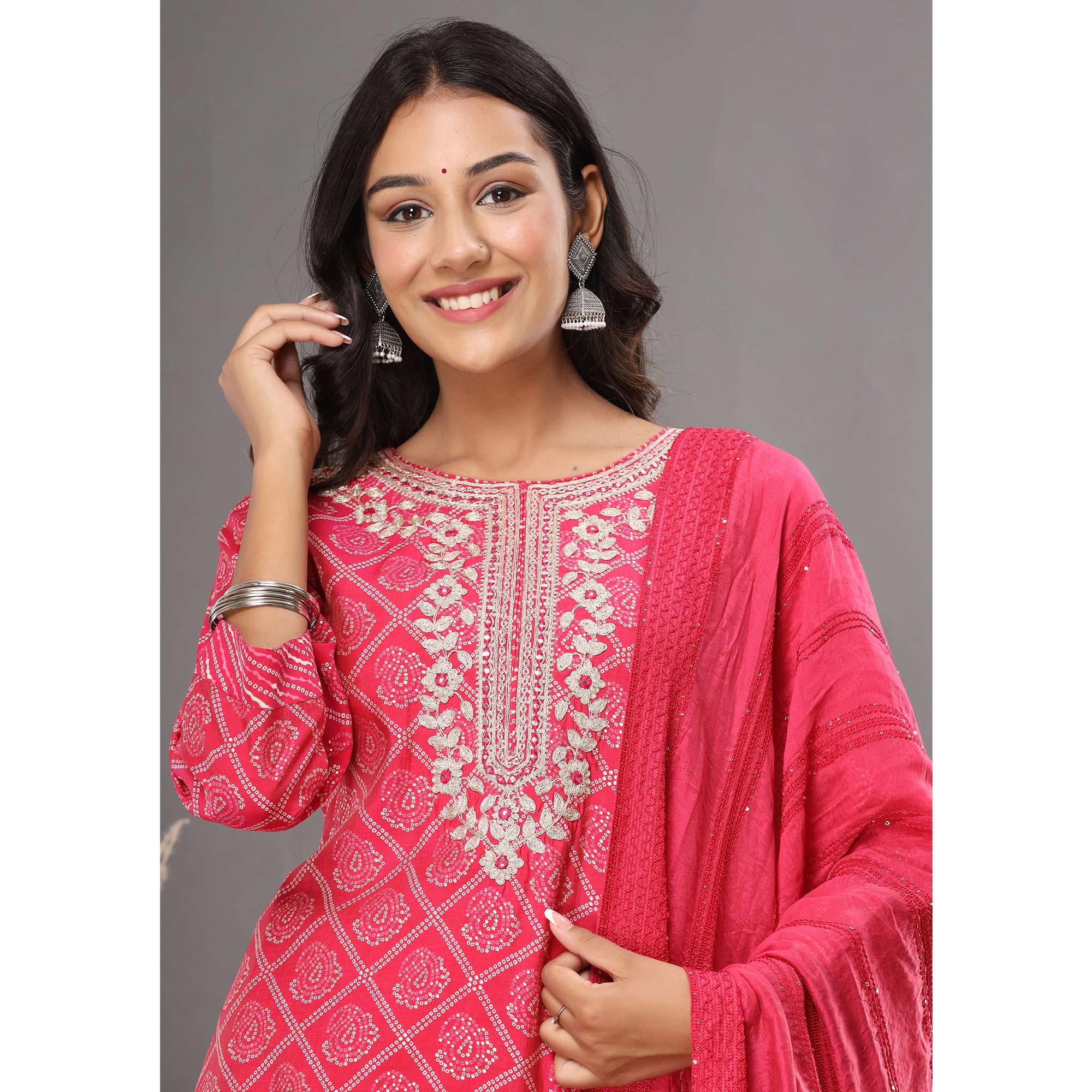 Rani Pink Printed With Embroidered Chanderi Kurti Pant Set With Dupatta - Peachmode