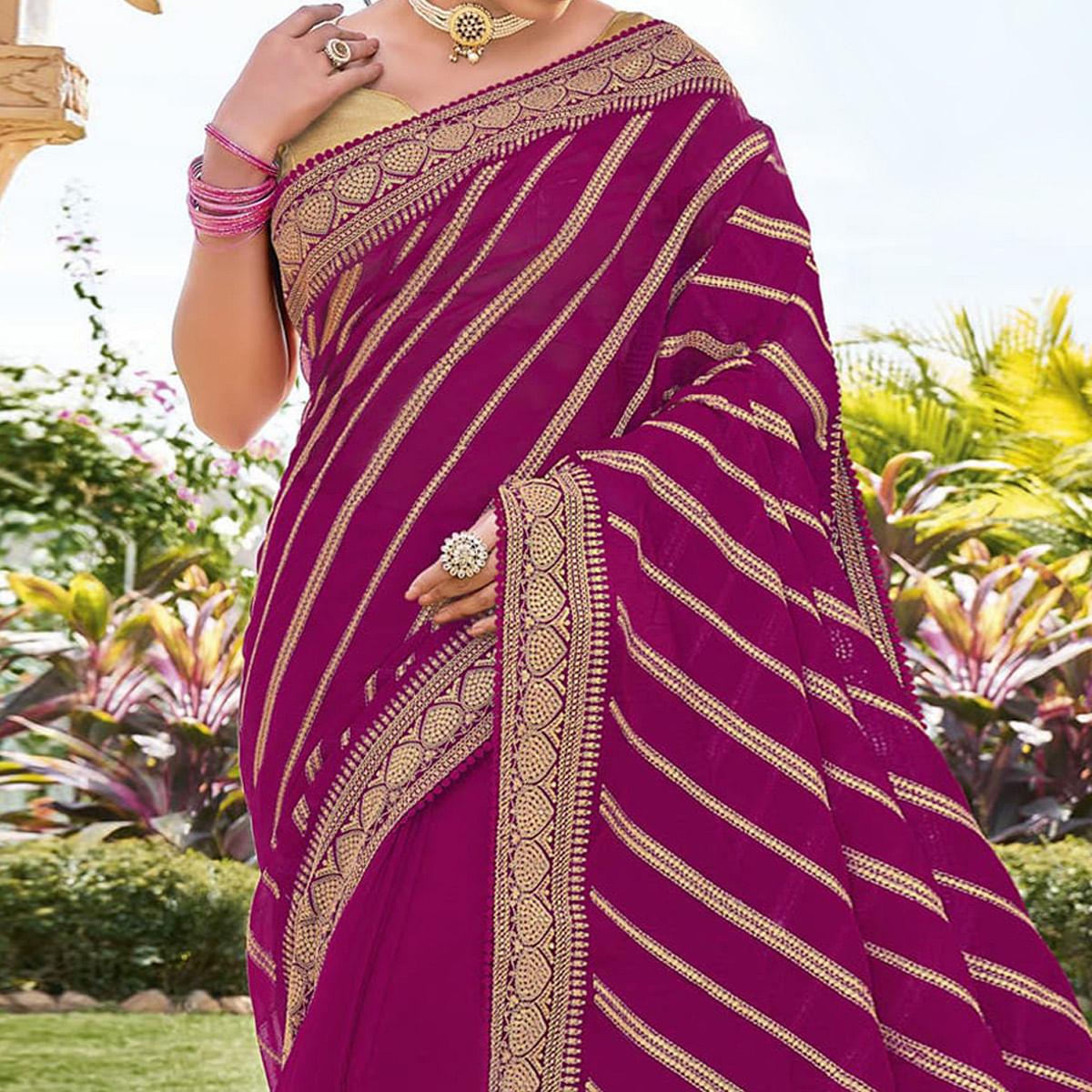 Rani Pink Sequence Embroidered Georgette Saree - Peachmode