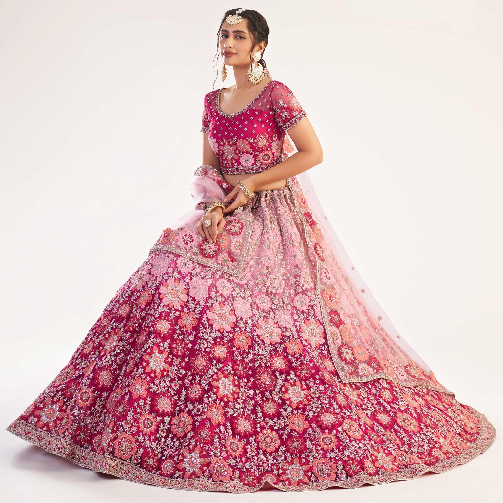 Rani Pink Wedding Wear Embellished Heavy Butterfly Net Lehenga Choli - Peachmode