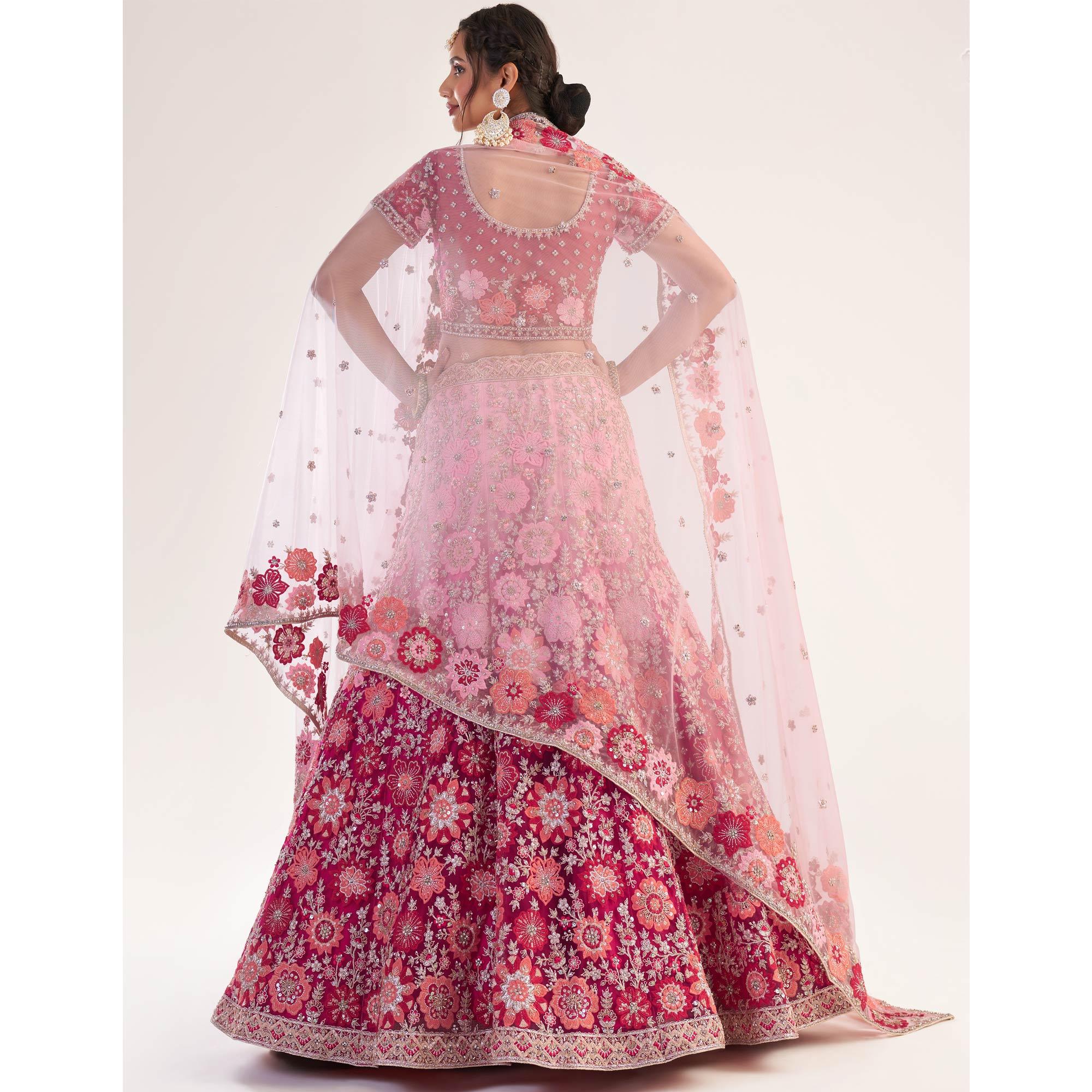 Rani Pink Wedding Wear Embellished Heavy Butterfly Net Lehenga Choli - Peachmode