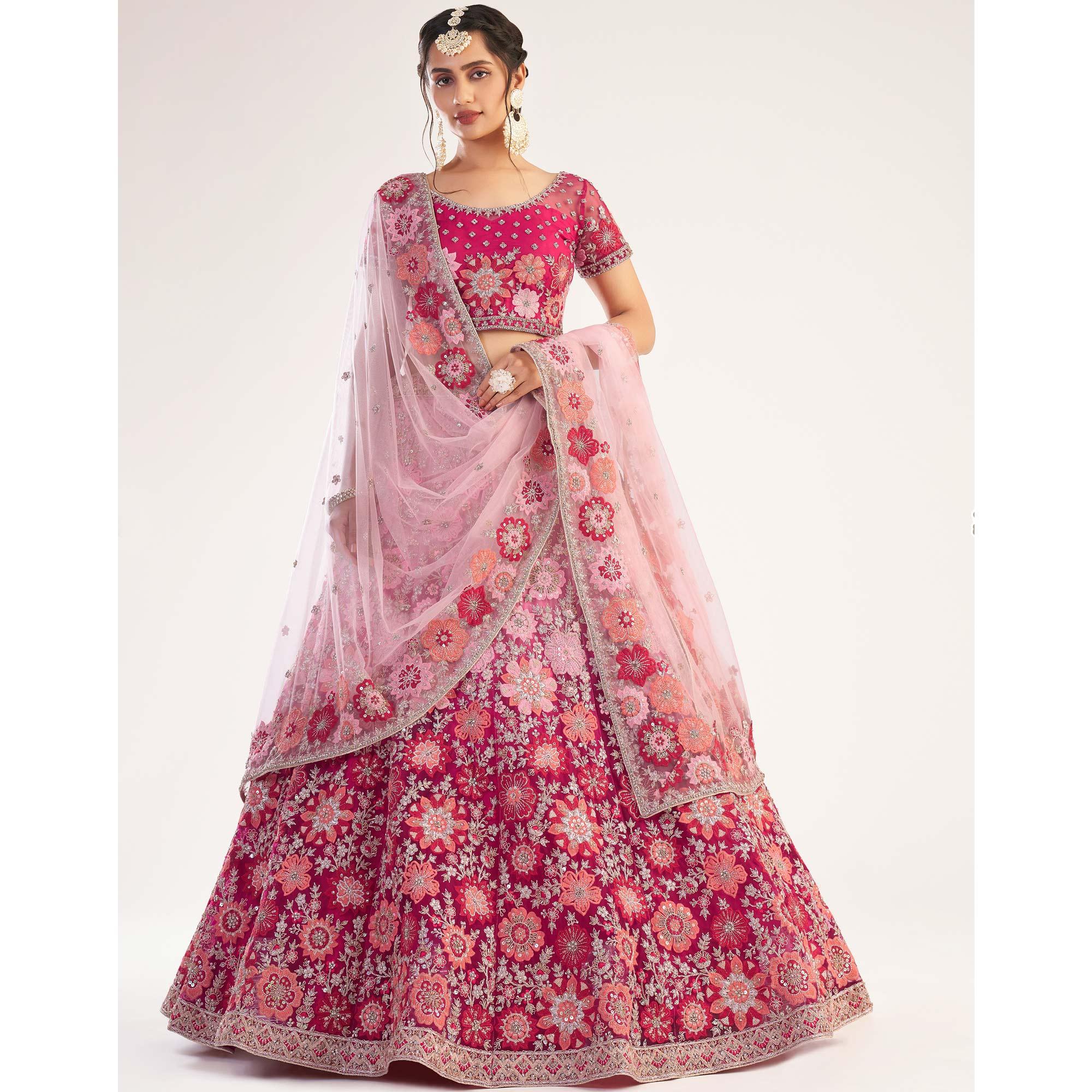 Rani Pink Wedding Wear Embellished Heavy Butterfly Net Lehenga Choli - Peachmode