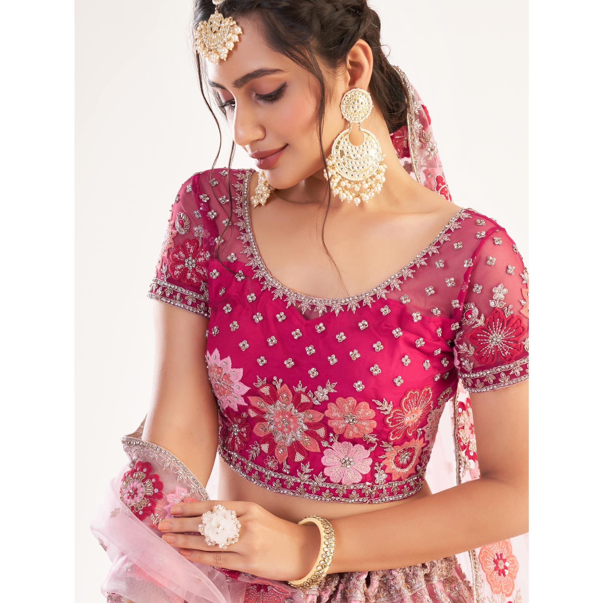 Rani Pink Wedding Wear Embellished Heavy Butterfly Net Lehenga Choli - Peachmode