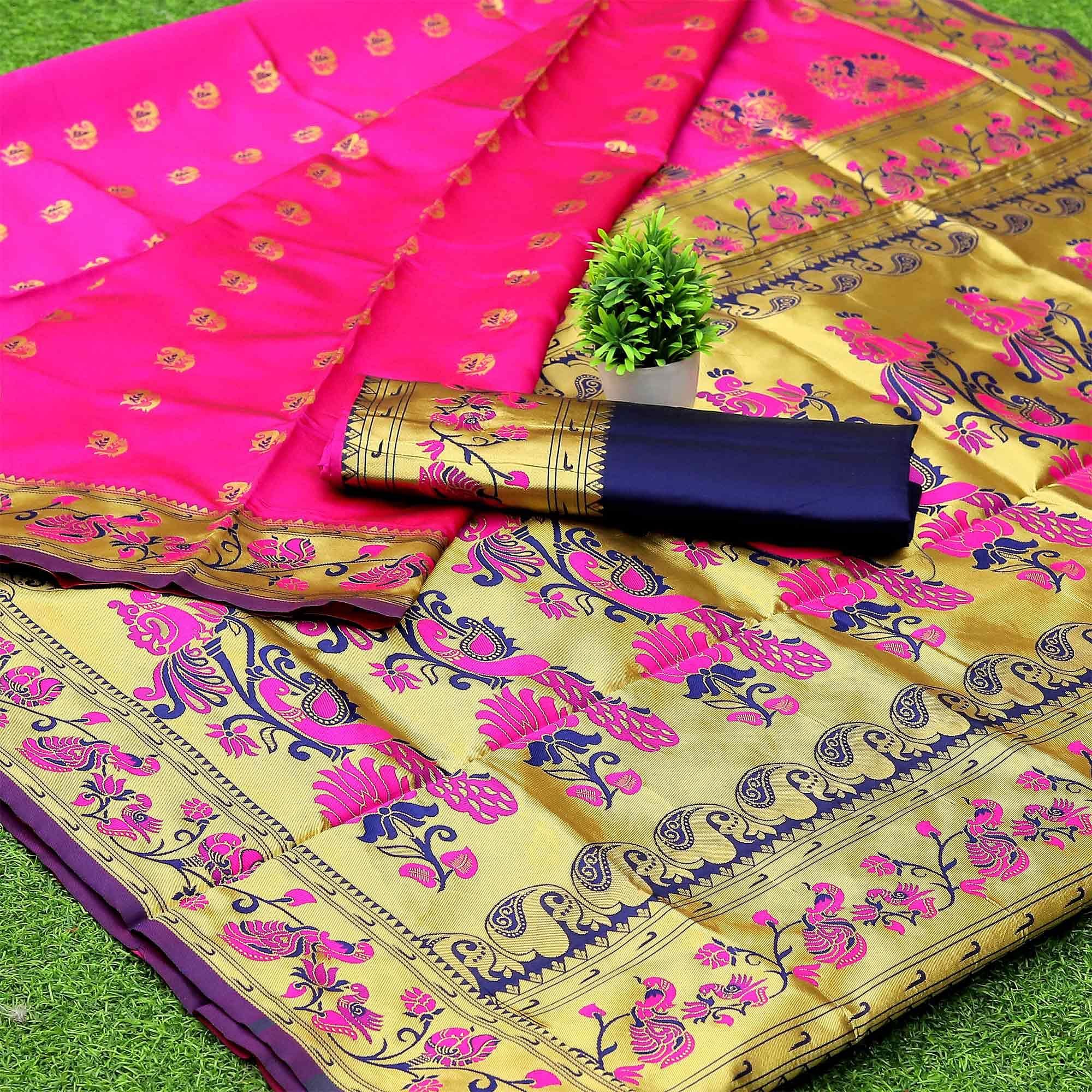 Rani Pink Woven Banarasi Silk Paithani Saree - Peachmode