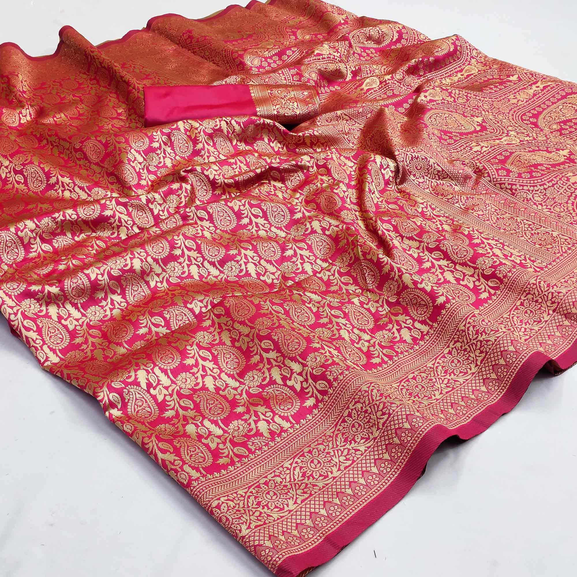 Rani Pink Woven Banarasi Silk Saree - Peachmode
