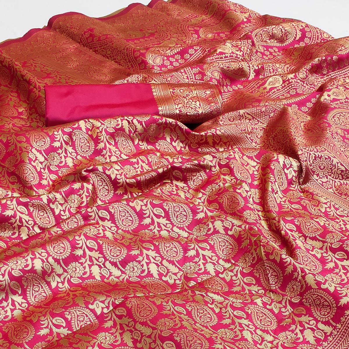 Rani Pink Woven Banarasi Silk Saree - Peachmode