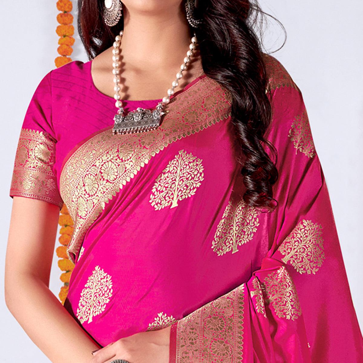 Rani Pink Woven Banarasi Silk Saree - Peachmode