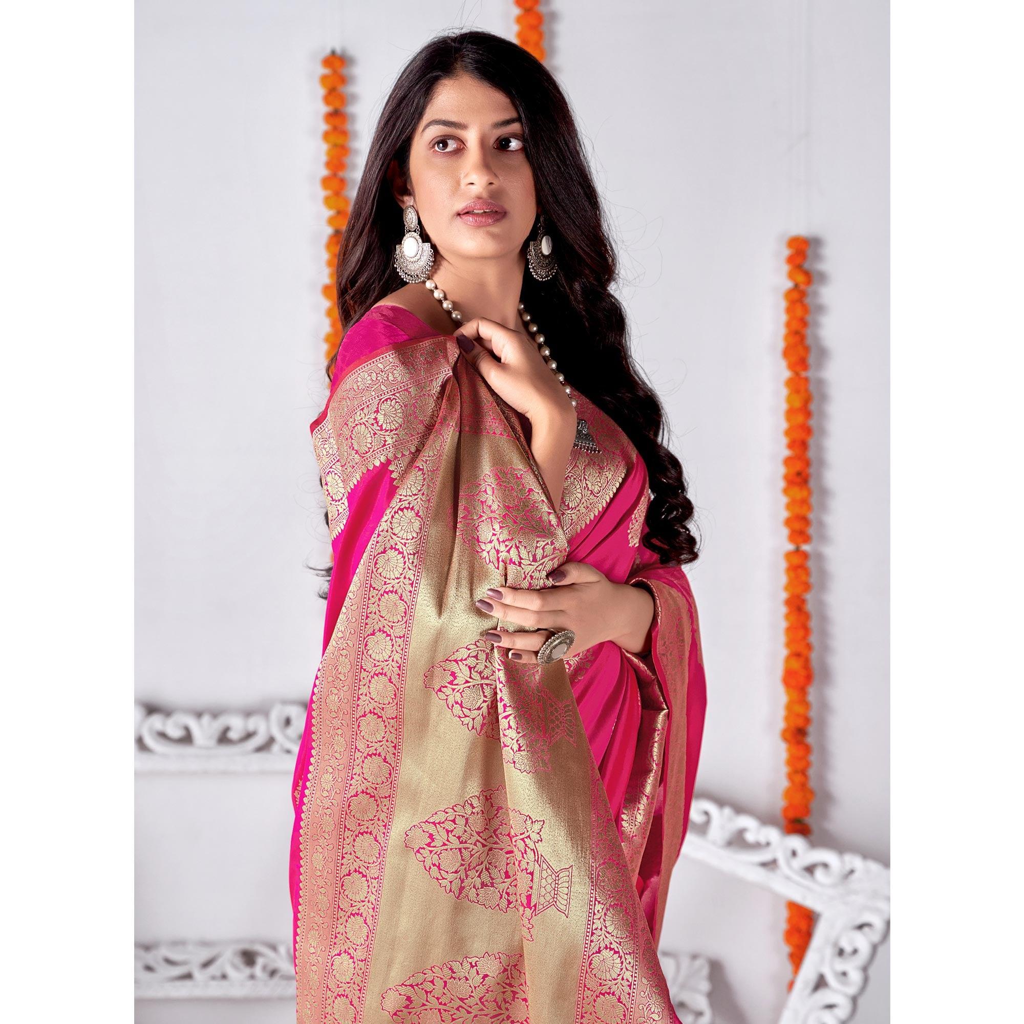 Rani Pink Woven Banarasi Silk Saree - Peachmode