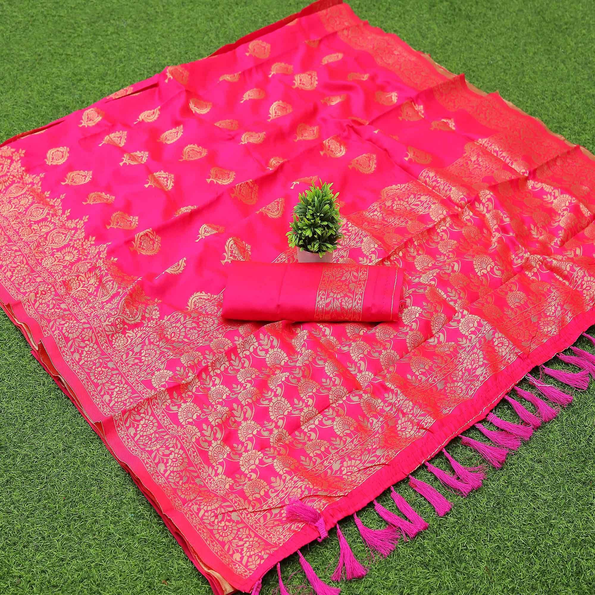 Rani Pink Woven Banarasi Silk Saree With Tassels - Peachmode