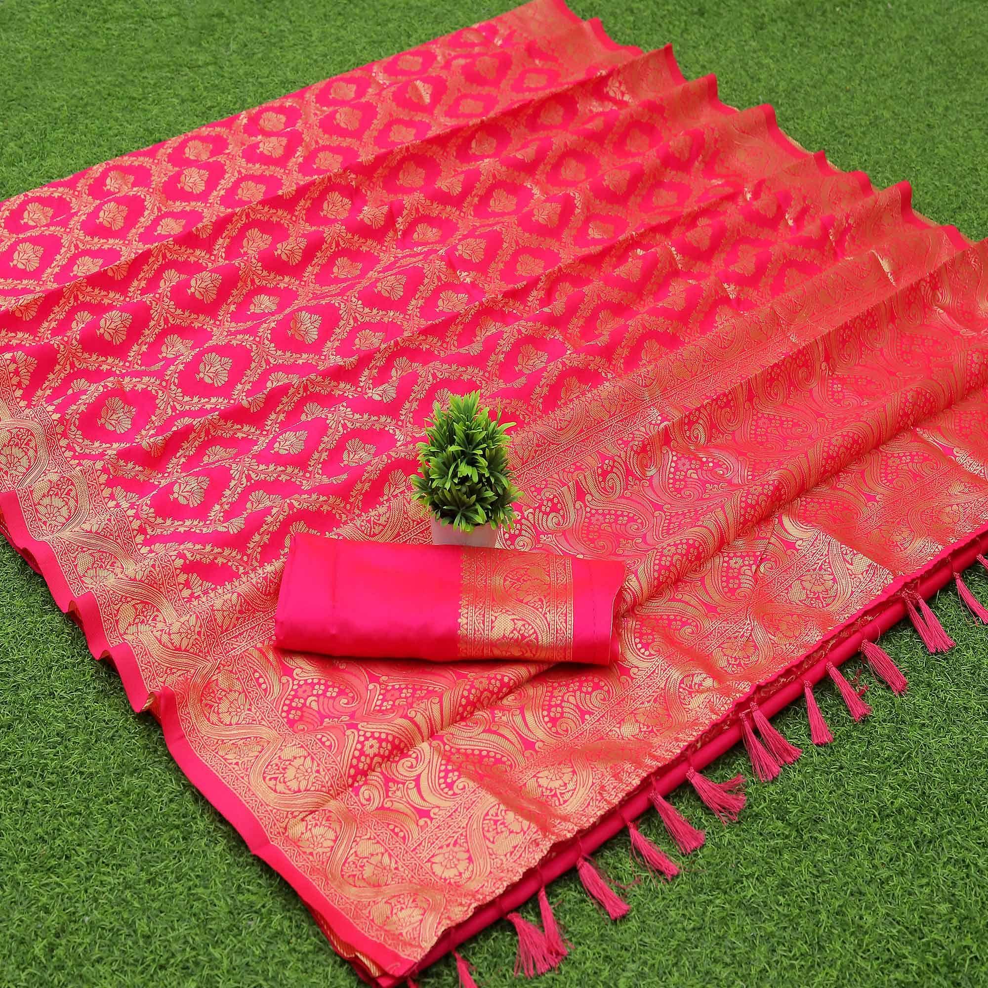 Rani Pink Woven Banarasi Silk Saree With Tassels - Peachmode