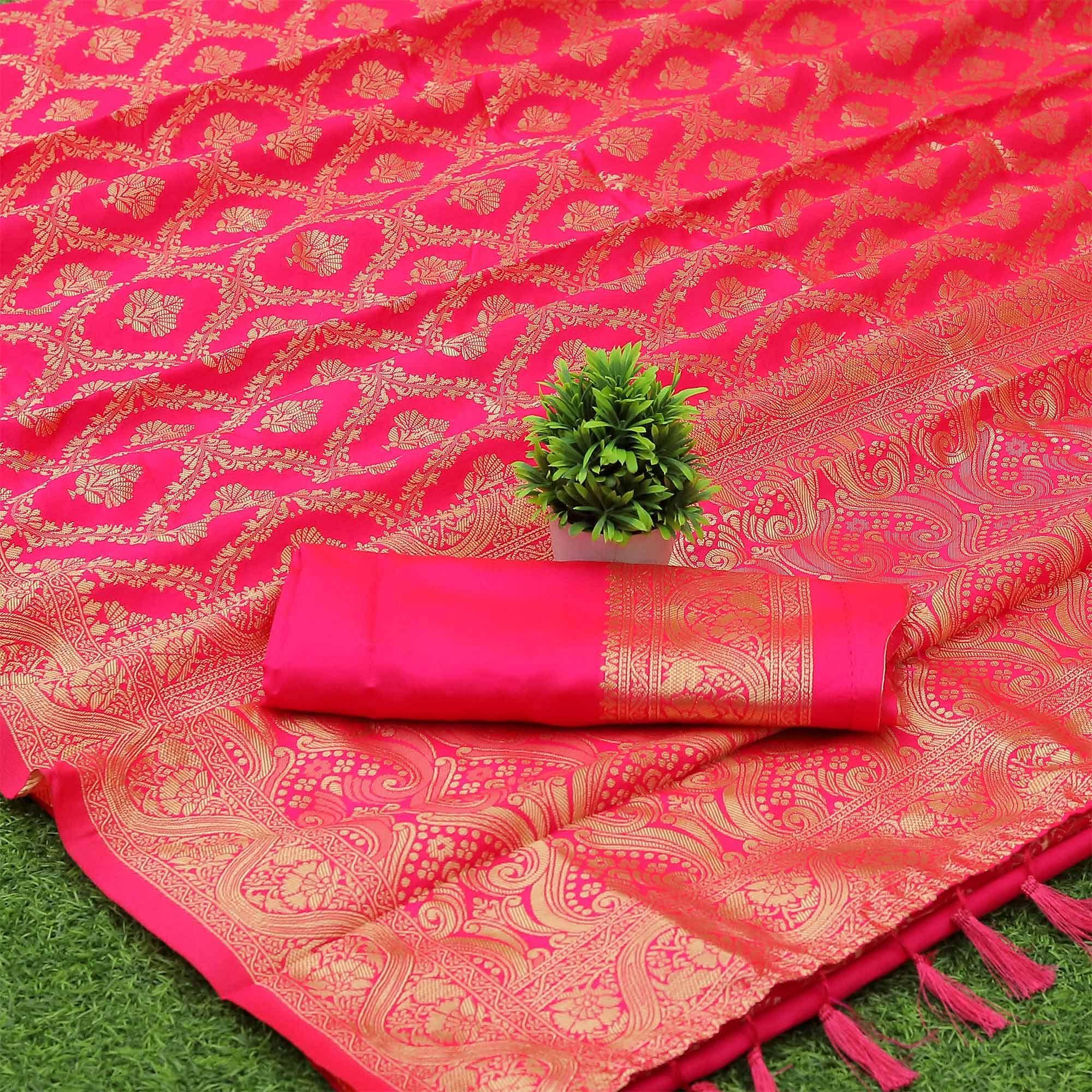 Rani Pink Woven Banarasi Silk Saree With Tassels - Peachmode