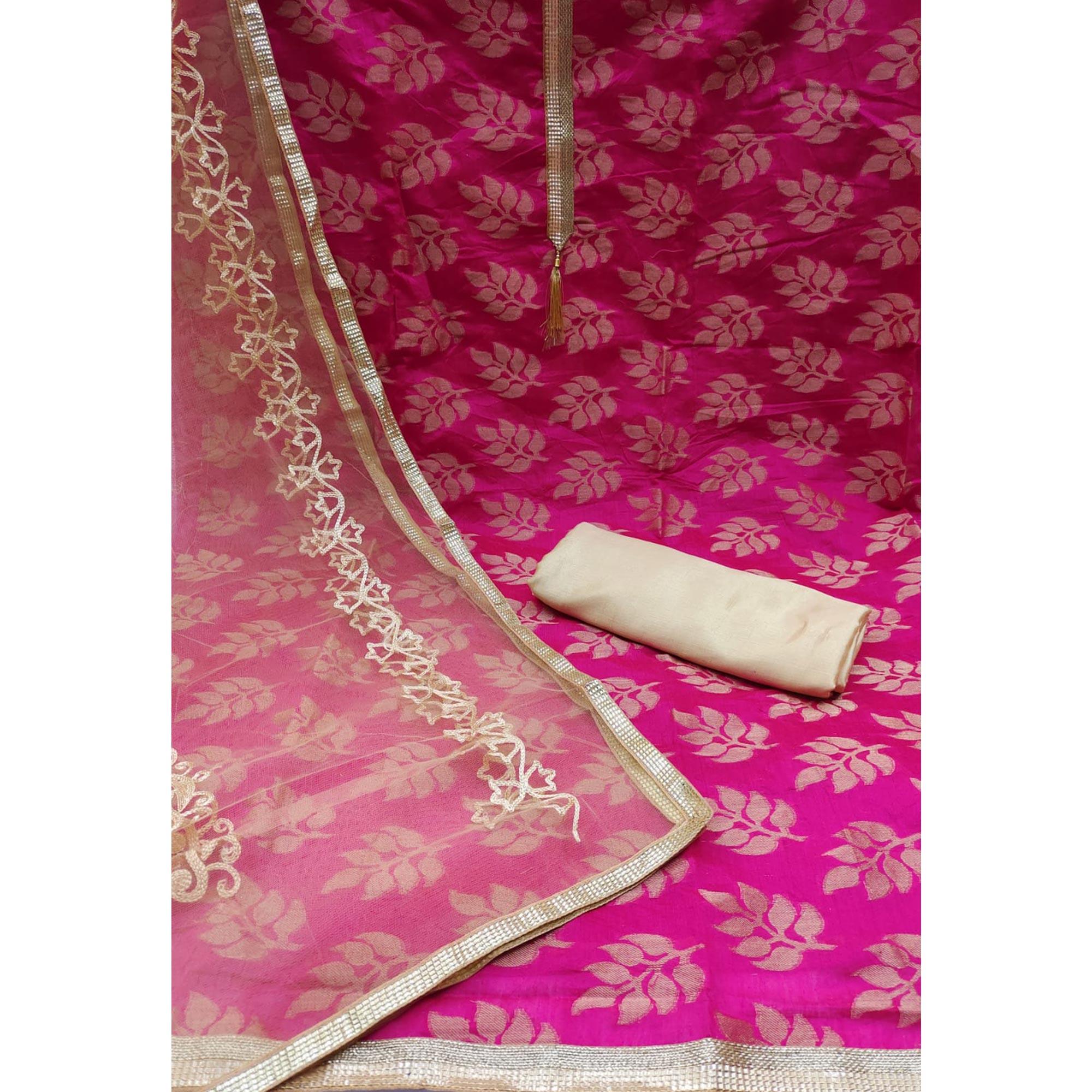Rani Pink Woven Chanderi Dress Material - Peachmode