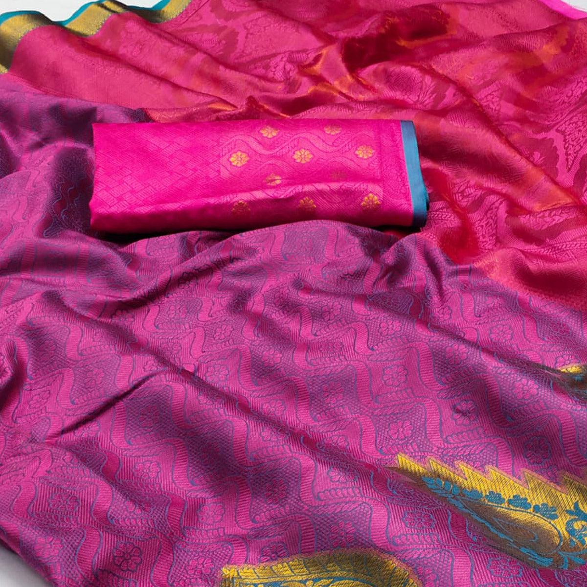 Rani Pink Woven Cotton Silk Saree - Peachmode