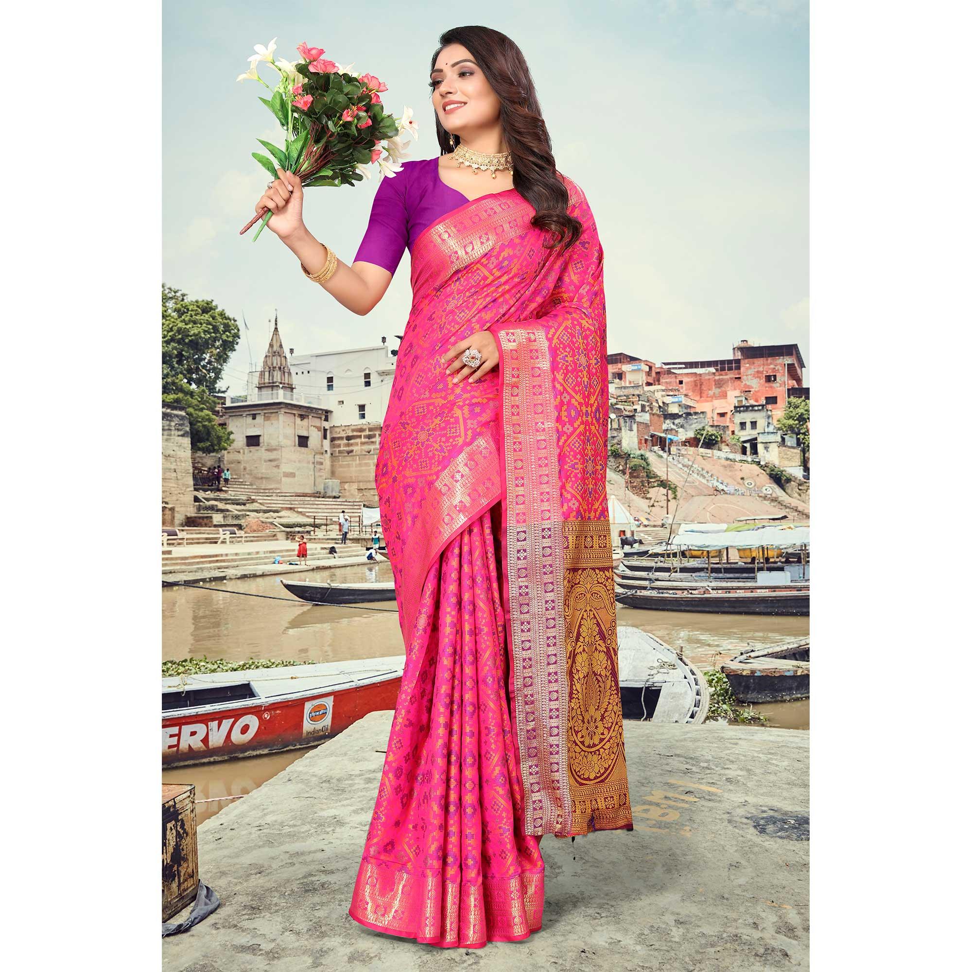 Rani Pink Woven Cotton Silk Saree - Peachmode
