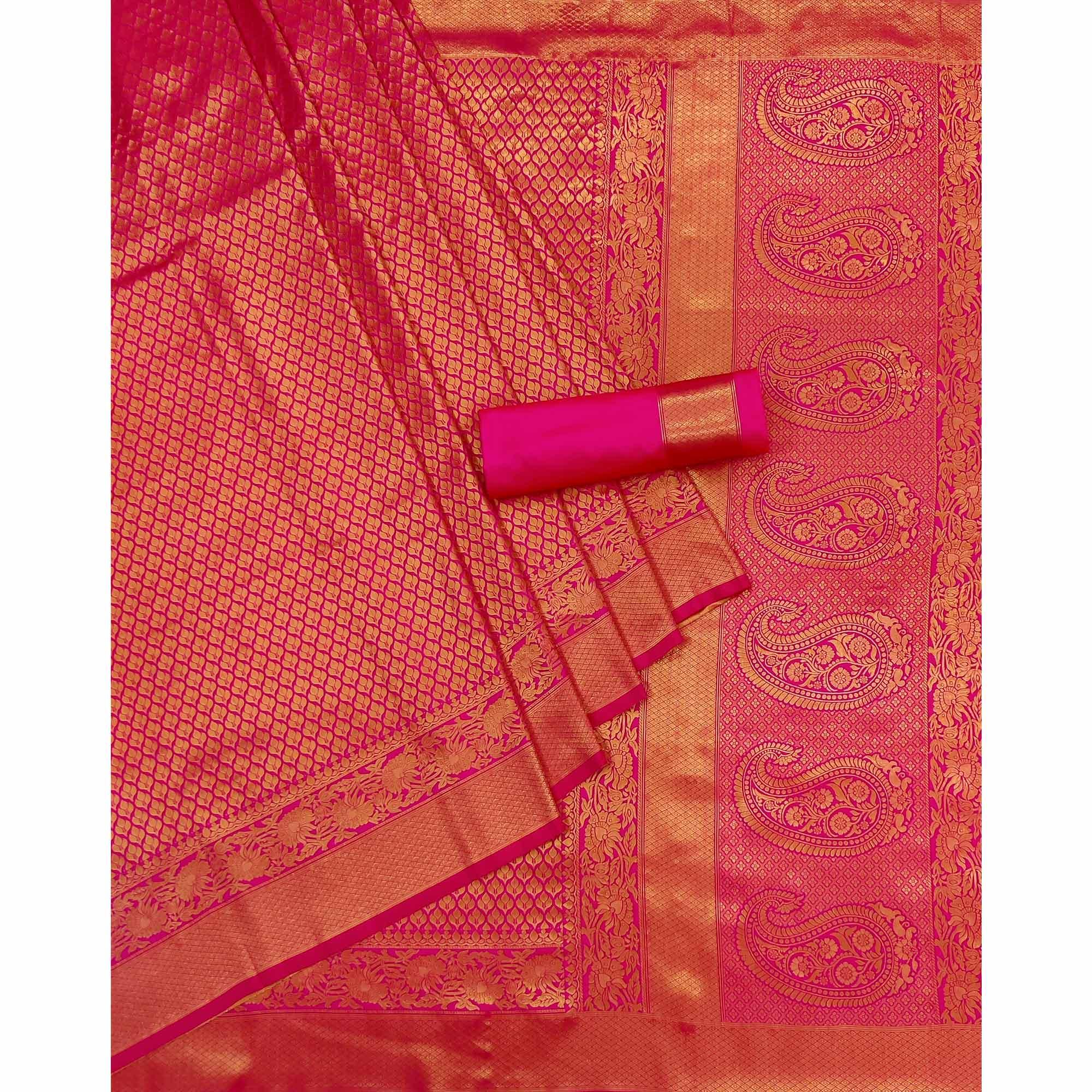 Rani Pink Woven Jacquard Saree - Peachmode