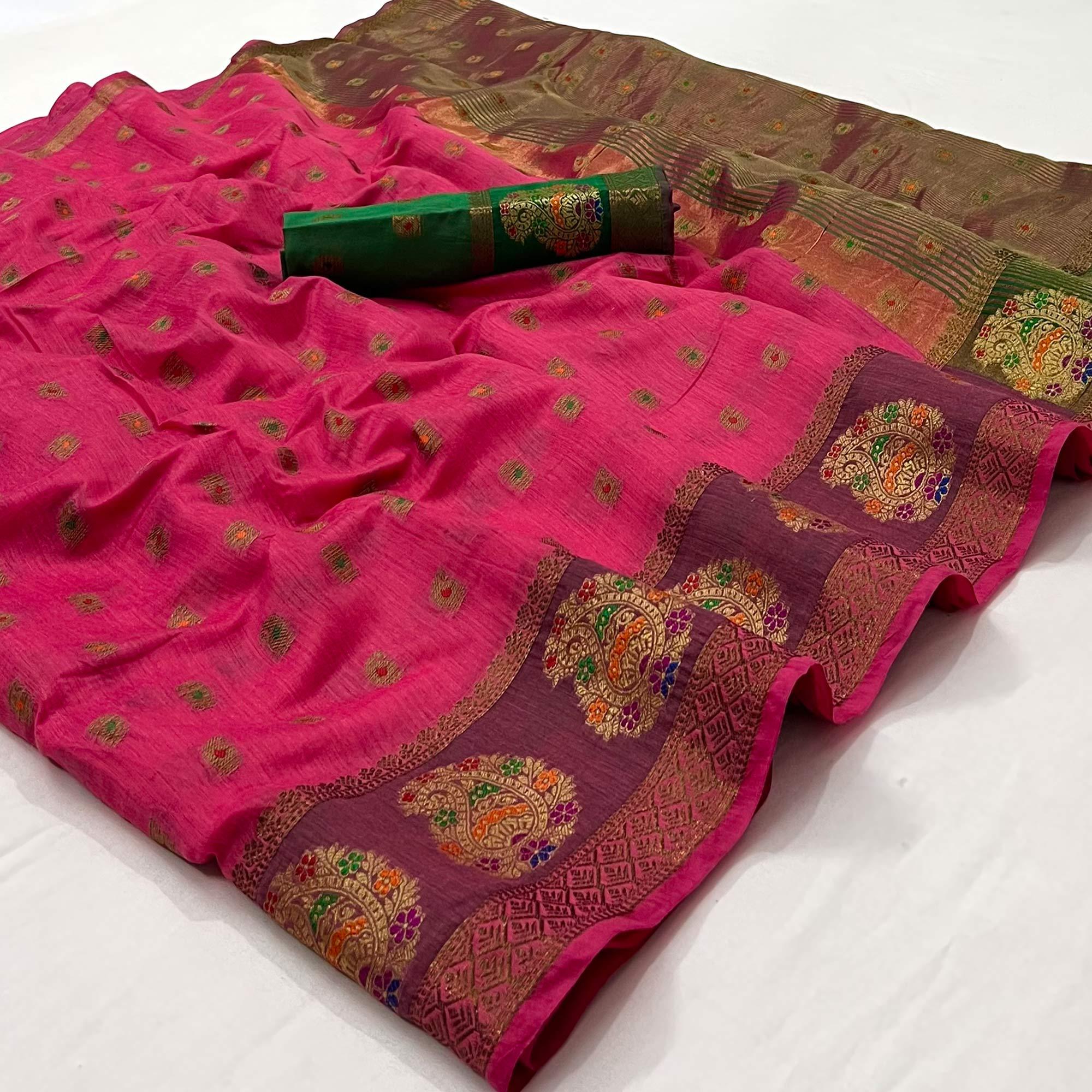 Rani Pink Woven Poly Cotton Saree - Peachmode