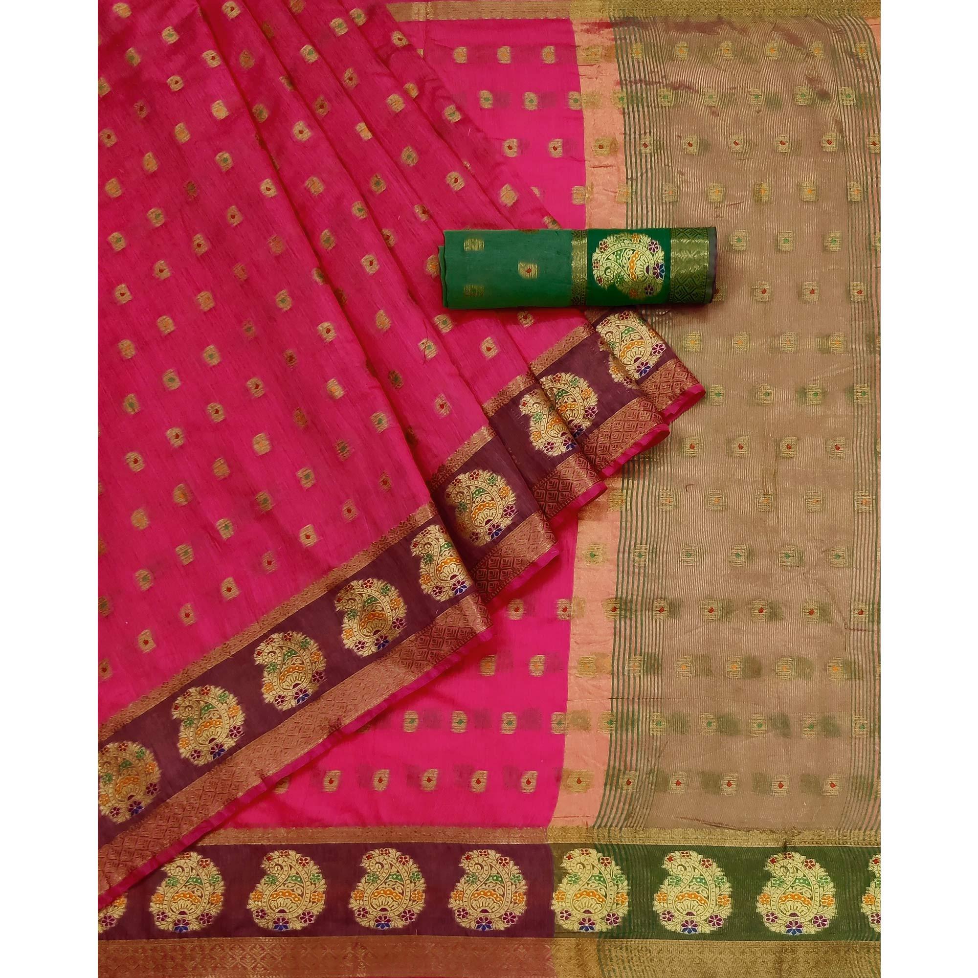 Rani Pink Woven Poly Cotton Saree - Peachmode