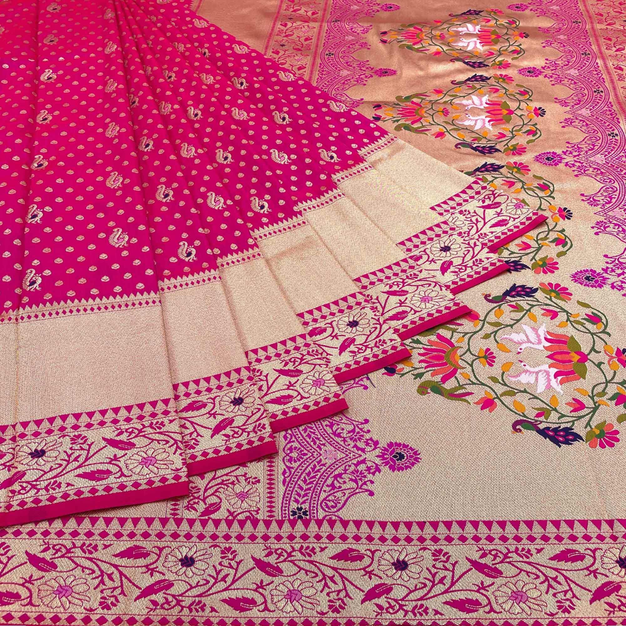 Rani Pink Zari Woven Art Silk Saree - Peachmode